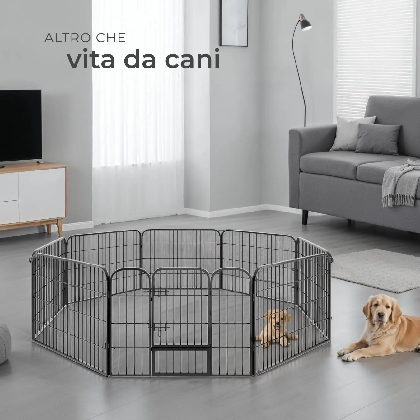 tectake Recinto per Cani, Cuccioli e Piccoli Animali, 8 Pannelli, Interno ed Esterno, Porta con Doppio Blocco, 154 x 154 x 60 cm - immagine 8