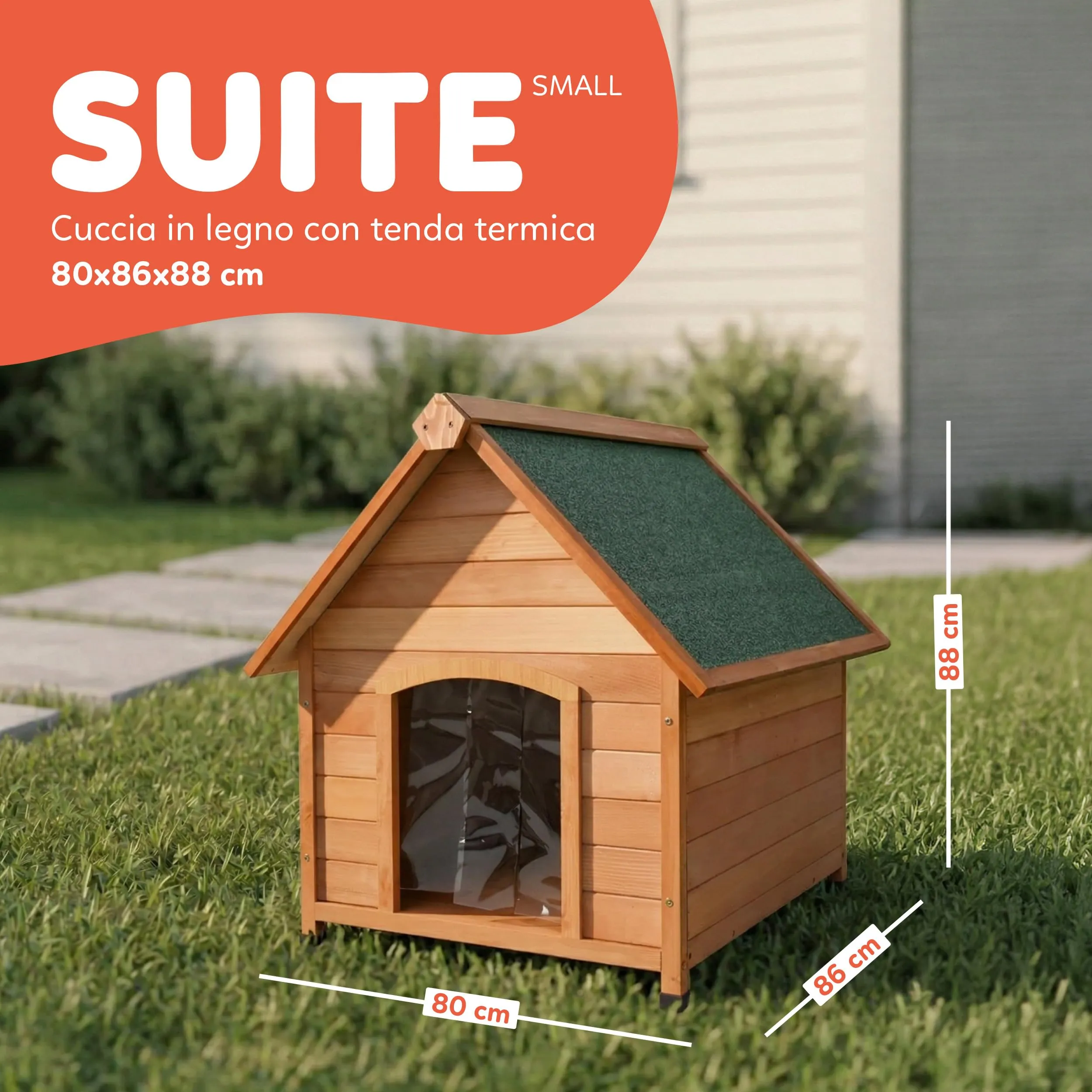 AQPET Cuccia per Cani in Legno Small, Tetto Spiovente Impermeabile e Tenda Termica, Isolata per Interno ed Esterno, 80x86x88h cm - immagine 2