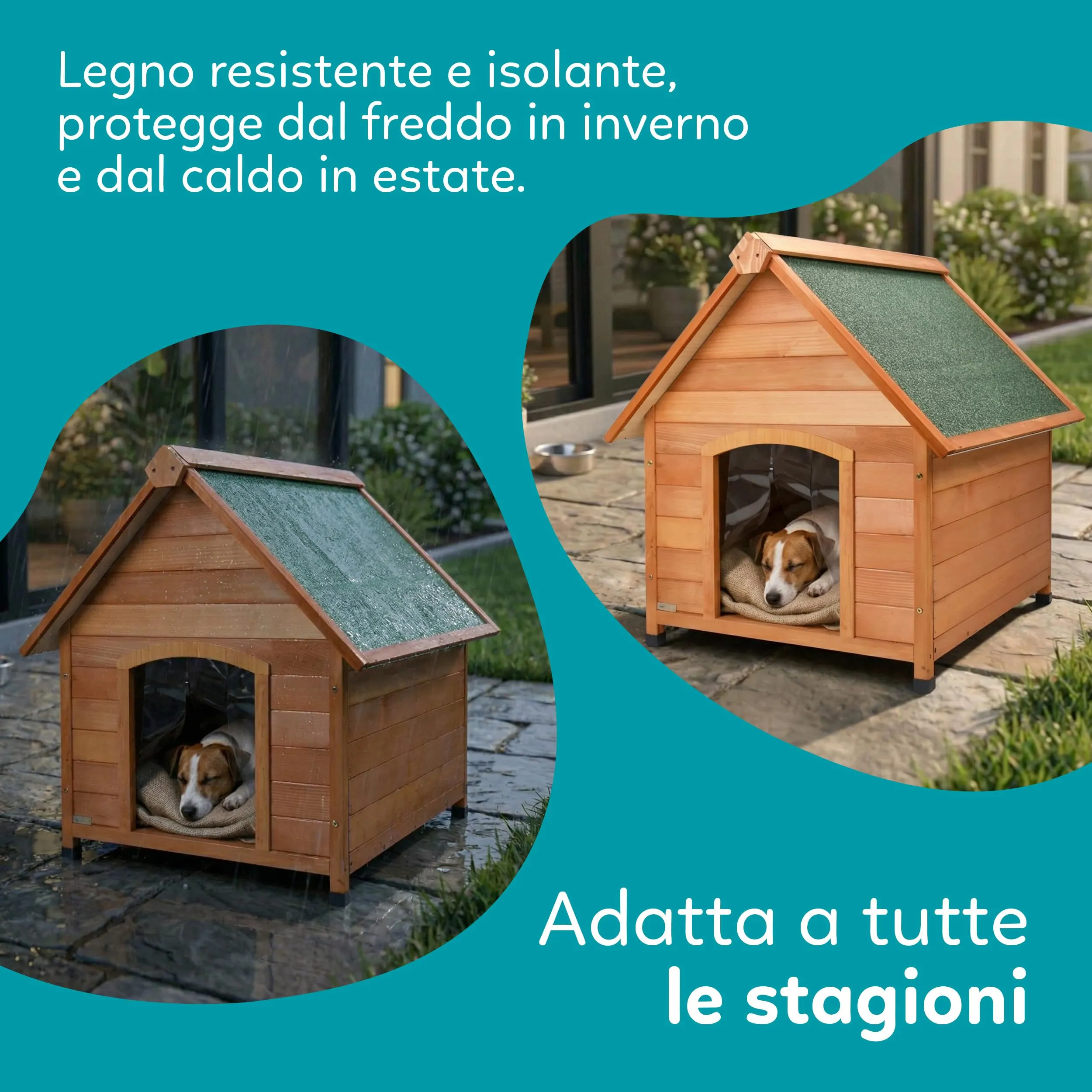 AQPET Cuccia per Cani in Legno Small, Tetto Spiovente Impermeabile e Tenda Termica, Isolata per Interno ed Esterno, 80x86x88h cm - immagine 7