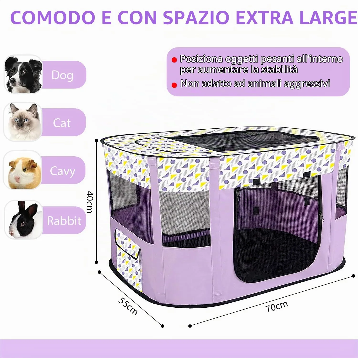 MeYuxg Recinto Pieghevole per Cani, Gatti e Conigli, Viola, 70 x 55 x 40 cm - immagine 2