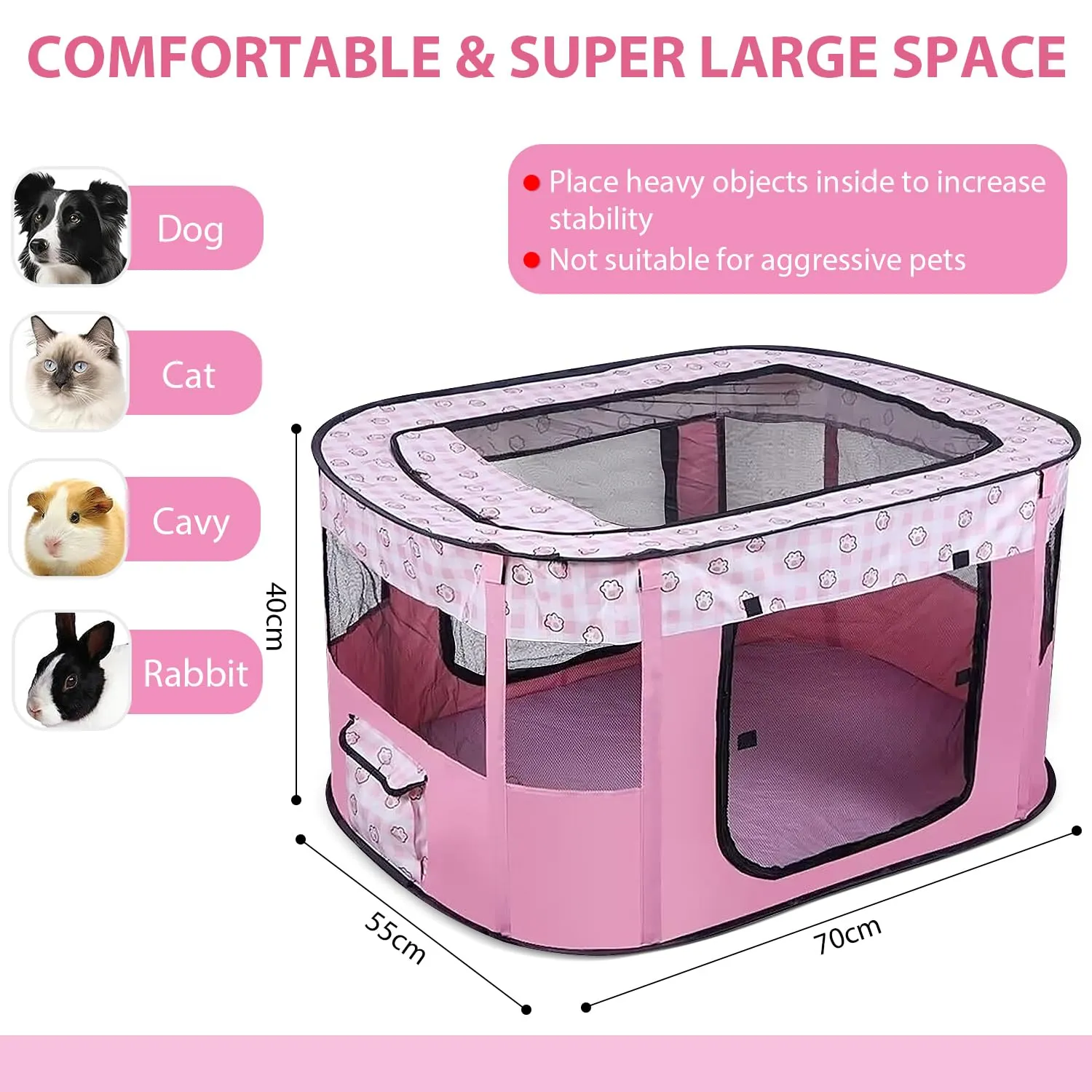 MeYuxg Recinto Pieghevole per Cani e Gatti, Rosa, 70 x 55 x 40 cm - immagine 2