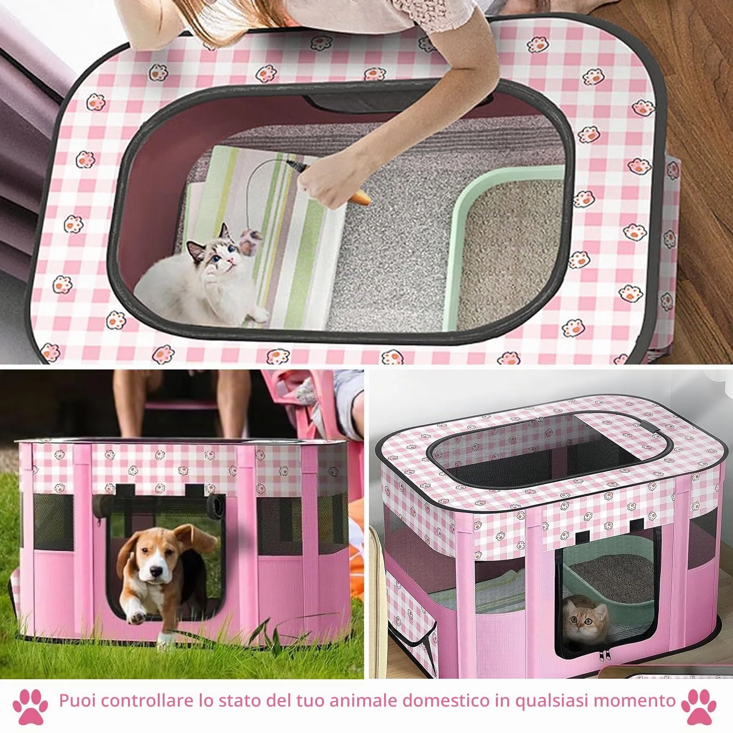 MeYuxg Recinto Pieghevole per Cani e Gatti, Rosa, 70 x 55 x 40 cm - immagine 3