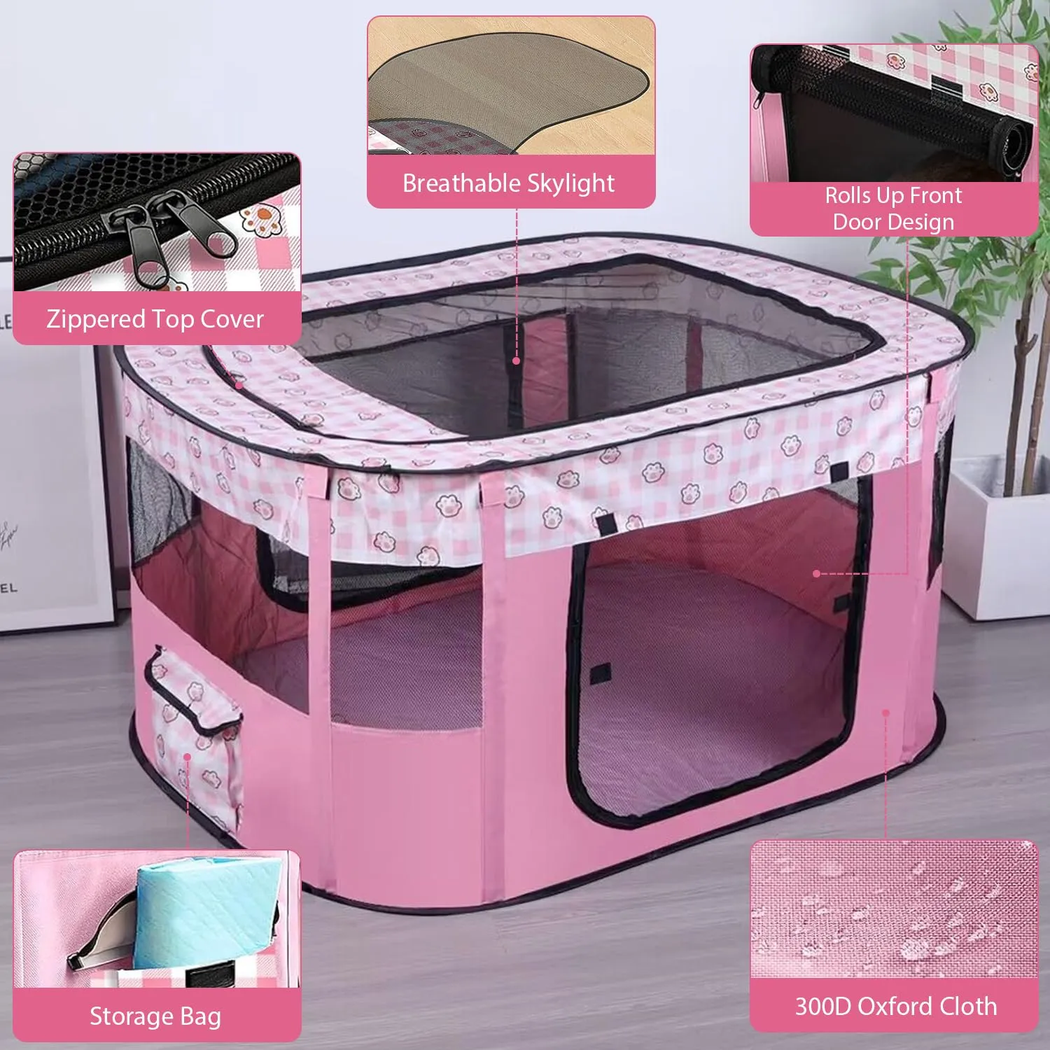 MeYuxg Recinto Pieghevole per Cani e Gatti, Rosa, 70 x 55 x 40 cm - immagine 4