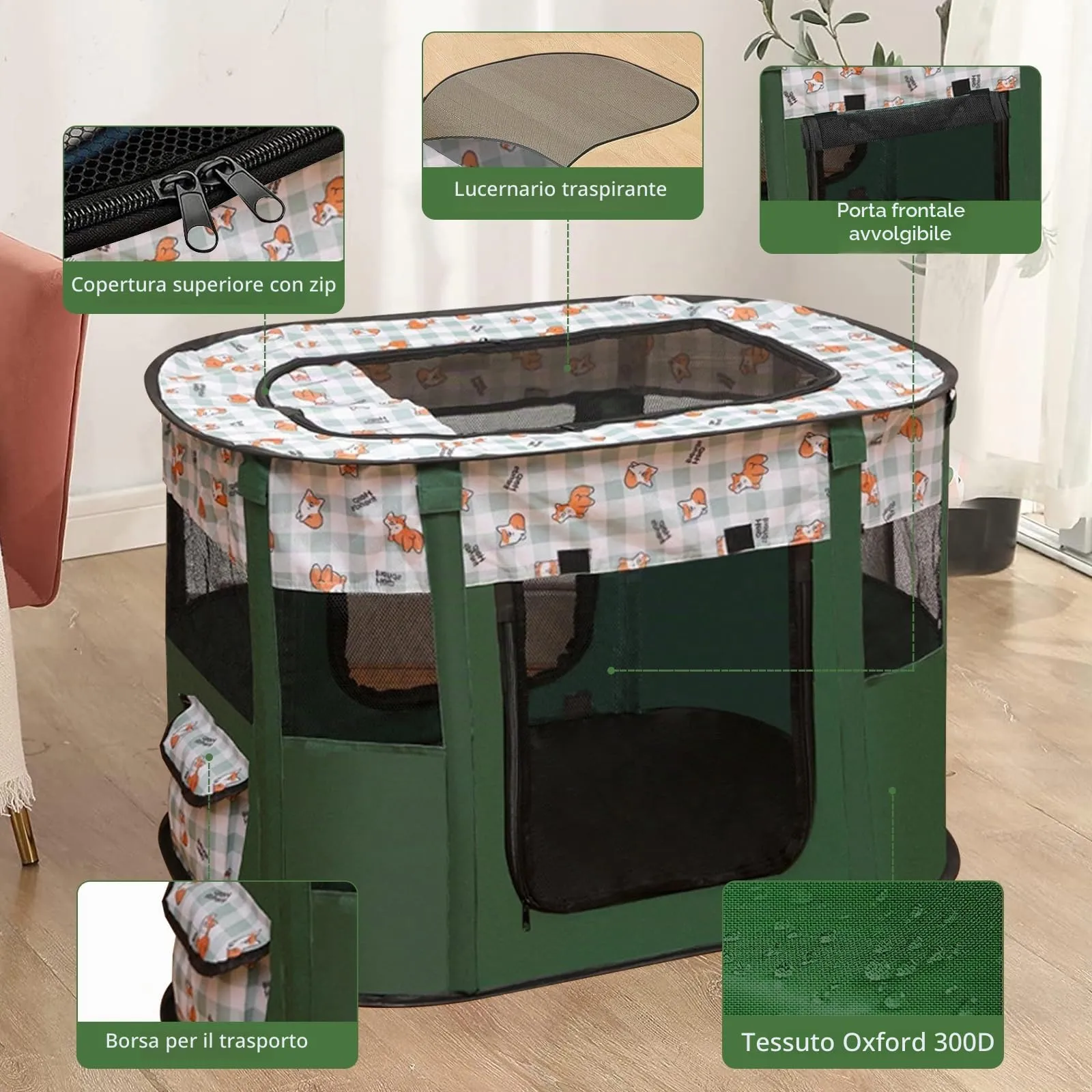 MeYuxg Recinto per Cani e Gatti da Interno Pieghevole, Verde Scuro, 70 x 55 x 40 cm - immagine 4