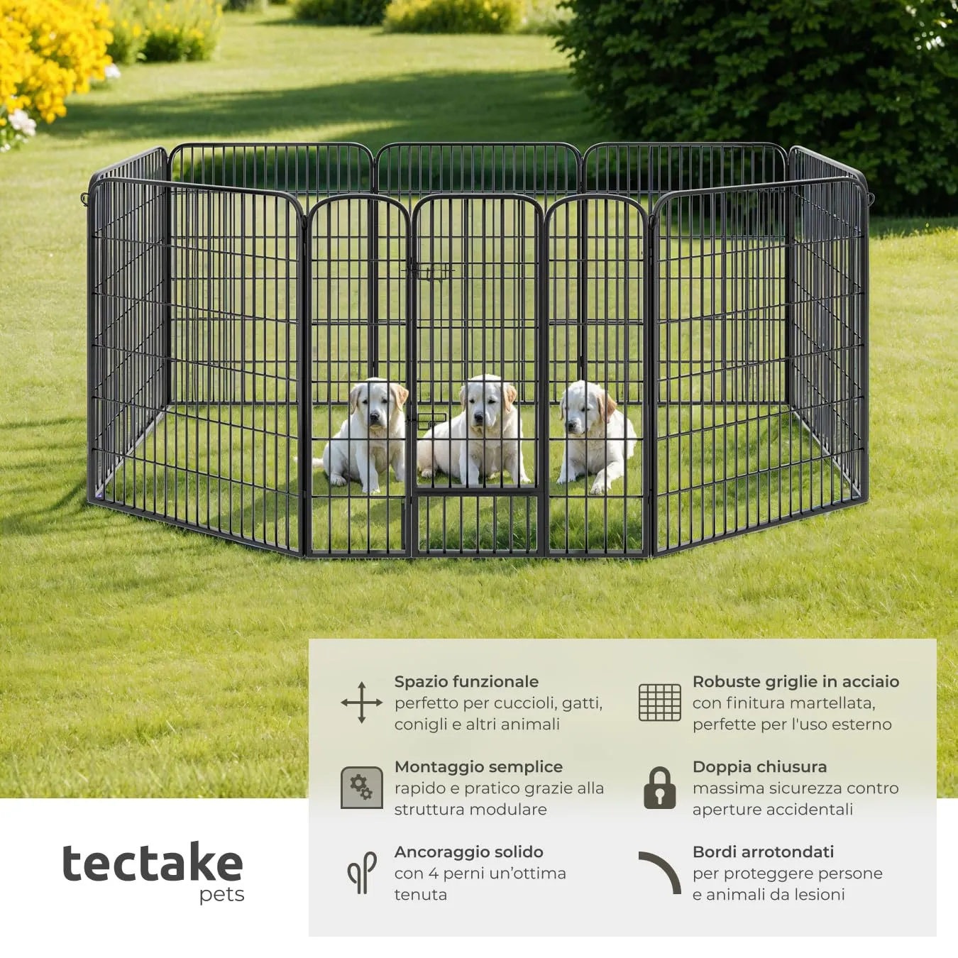 tectake Recinto per Cani, Cuccioli e Piccoli Animali, 8 Pannelli, Porta con Doppio Blocco, Pieghevole, 154 x 154 x 100 cm - immagine 2