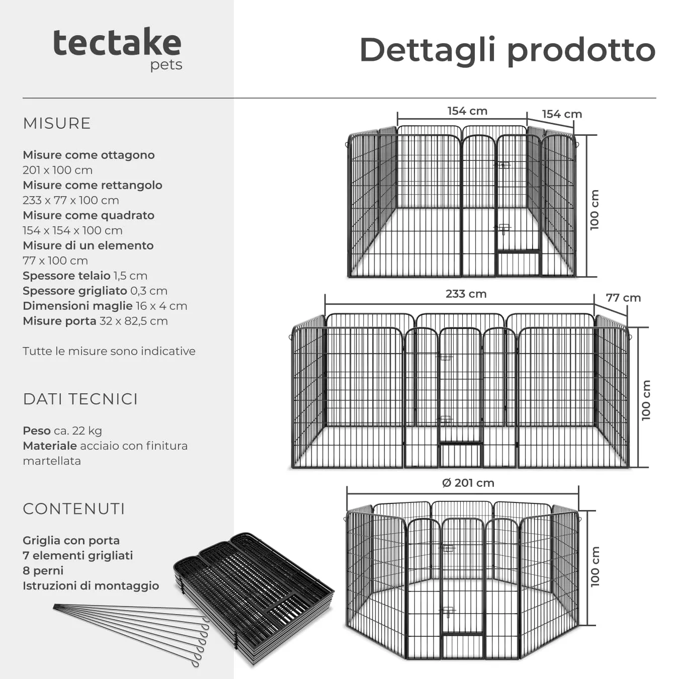 tectake Recinto per Cani, Cuccioli e Piccoli Animali, 8 Pannelli, Porta con Doppio Blocco, Pieghevole, 154 x 154 x 100 cm - immagine 6