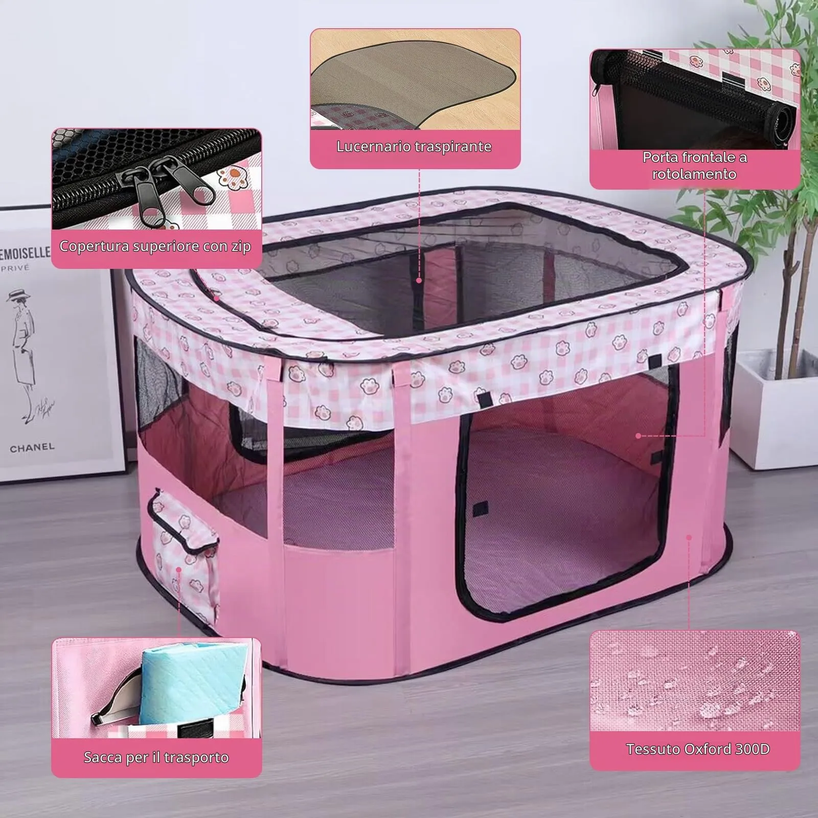 MeYuxg Recinto per Cani e Gatti da Interno Pieghevole, Rosa, 110 x 85 x 58 cm - immagine 4
