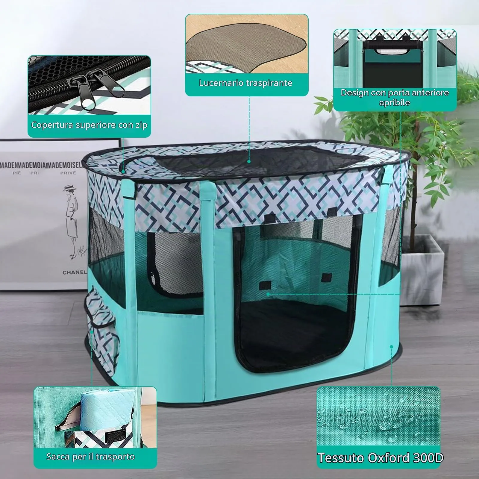 MeYuxg Recinto per Cani e Gatti Pieghevole, Verde a Scacchi, 80 x 60 x 55 cm - immagine 4