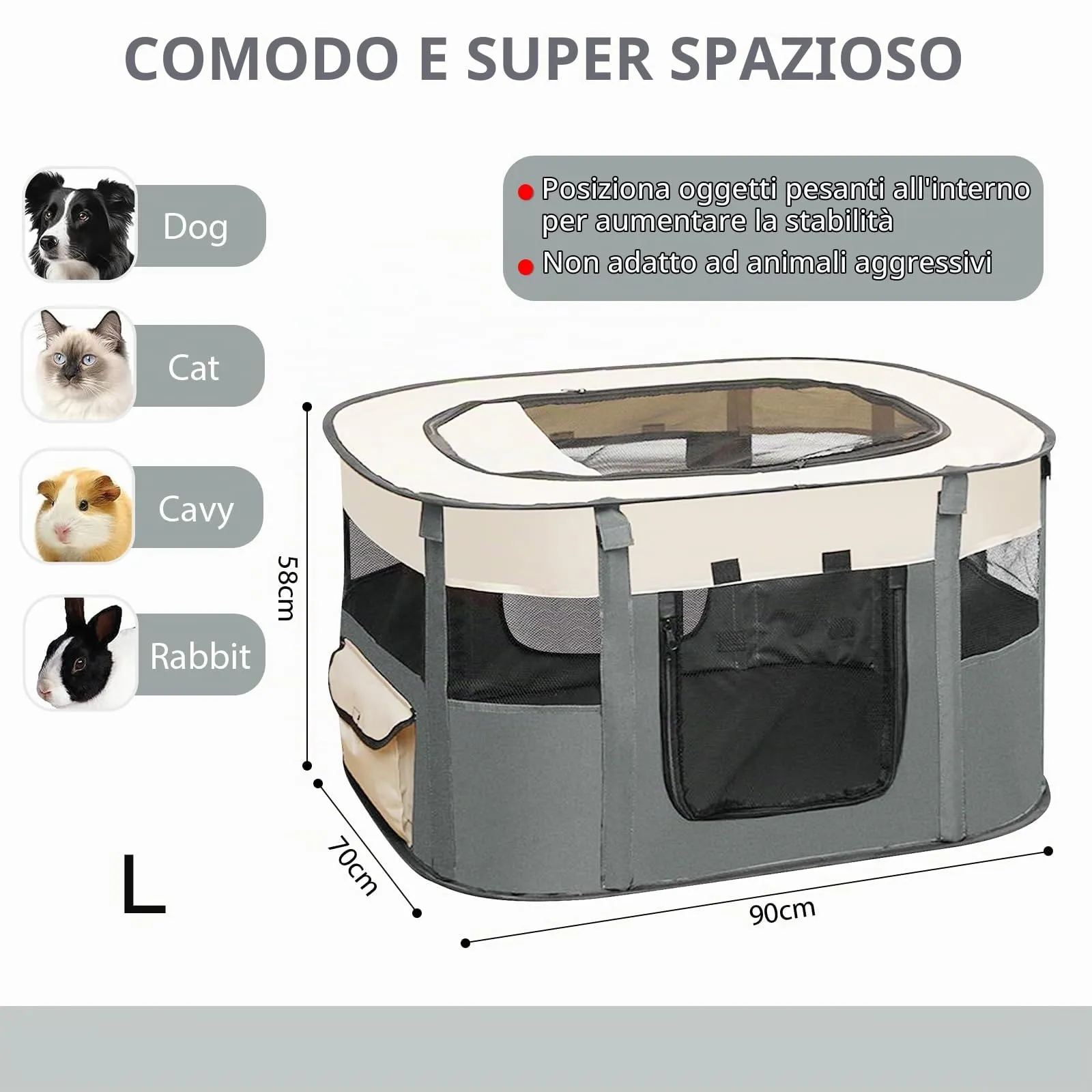 MeYuxg Recinto Pieghevole per Cani, Gatti e Conigli, Grigio, 90 x 70 x 58 cm - immagine 2