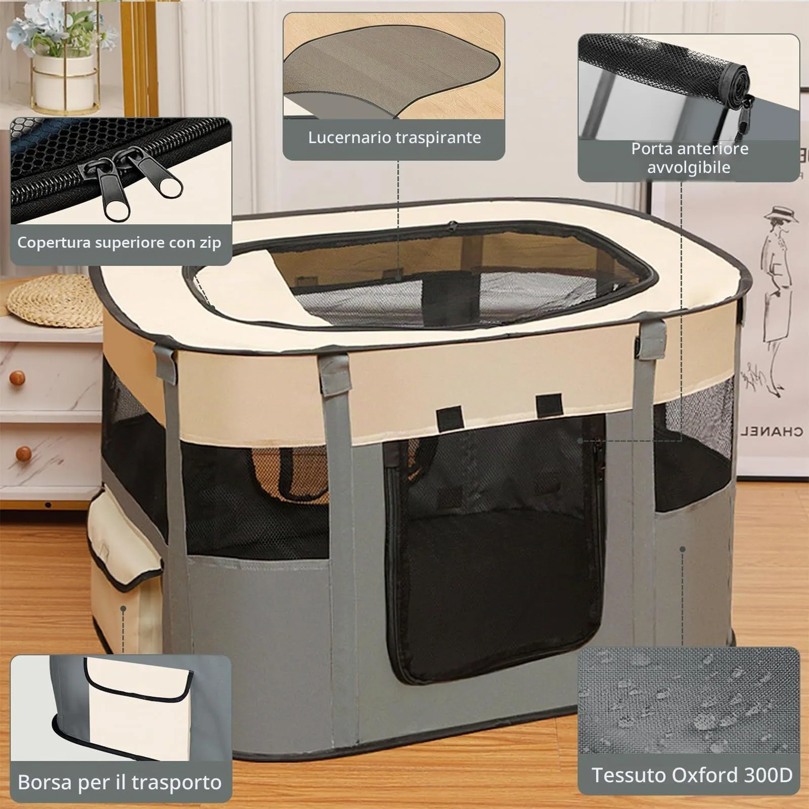 MeYuxg Recinto Pieghevole per Cani, Gatti e Conigli, Grigio, 90 x 70 x 58 cm - immagine 4