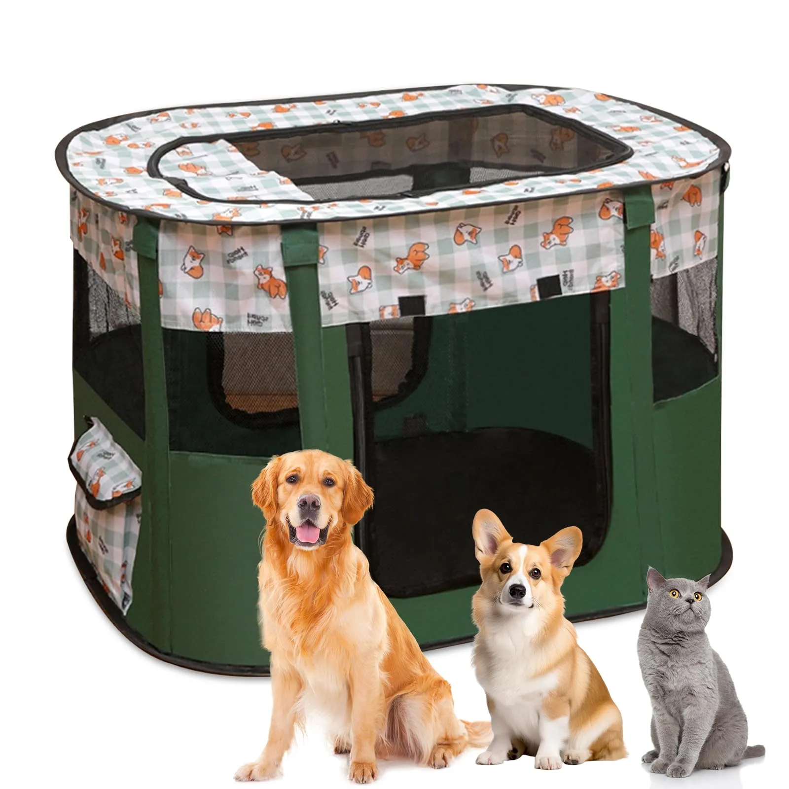 MeYuxg Recinto per Cani e Gatti Pieghevole, Verde Scuro, 110 x 85 x 58 cm - immagine 1