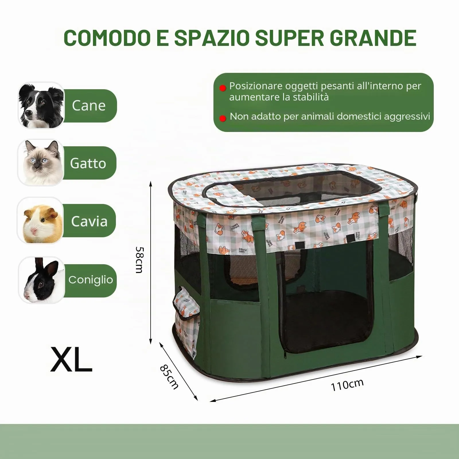 MeYuxg Recinto per Cani e Gatti Pieghevole, Verde Scuro, 110 x 85 x 58 cm - immagine 2