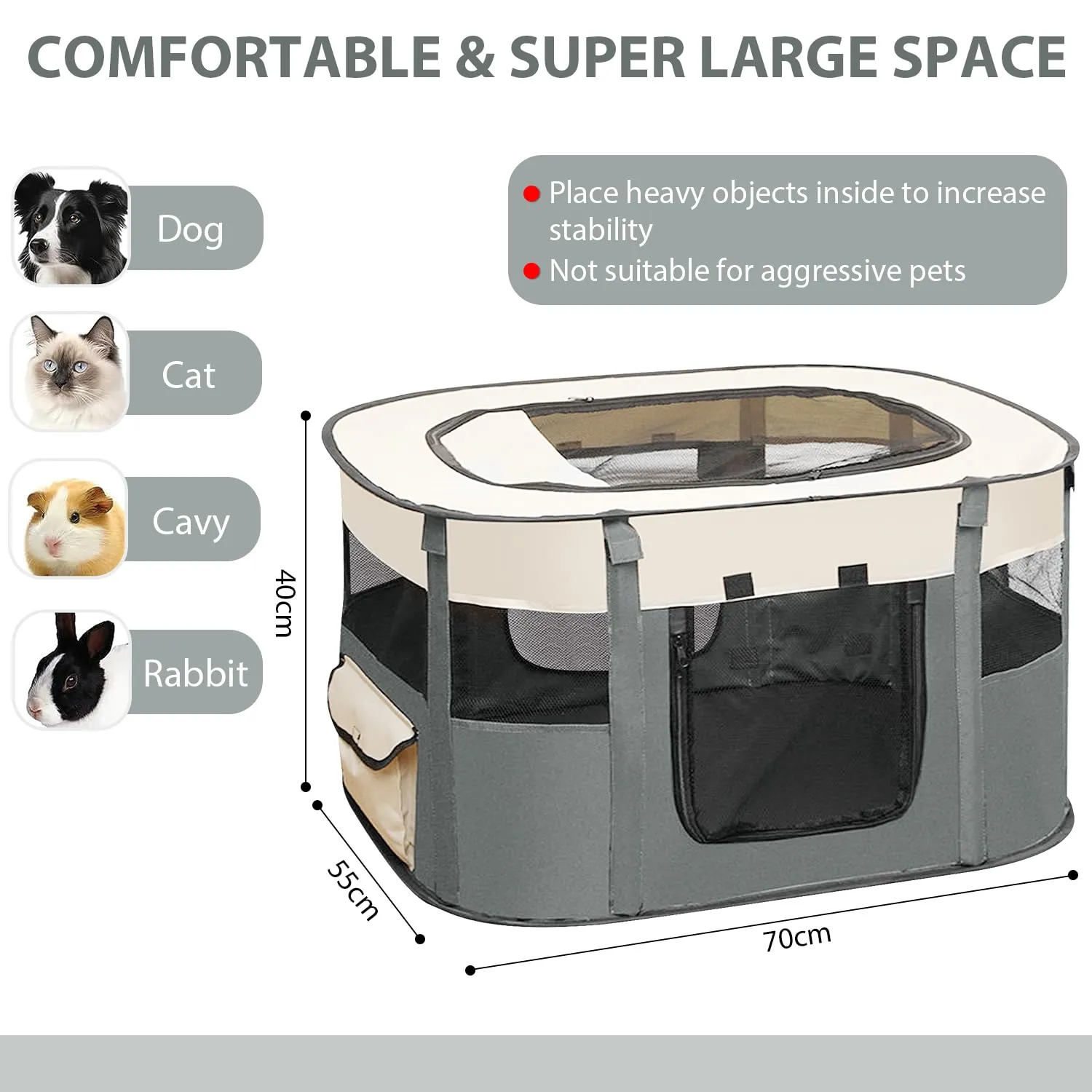 MeYuxg Recinto Pieghevole per Animali, Box per Cani e Gatti, Grigio, 70 x 55 x 40 cm - immagine 2