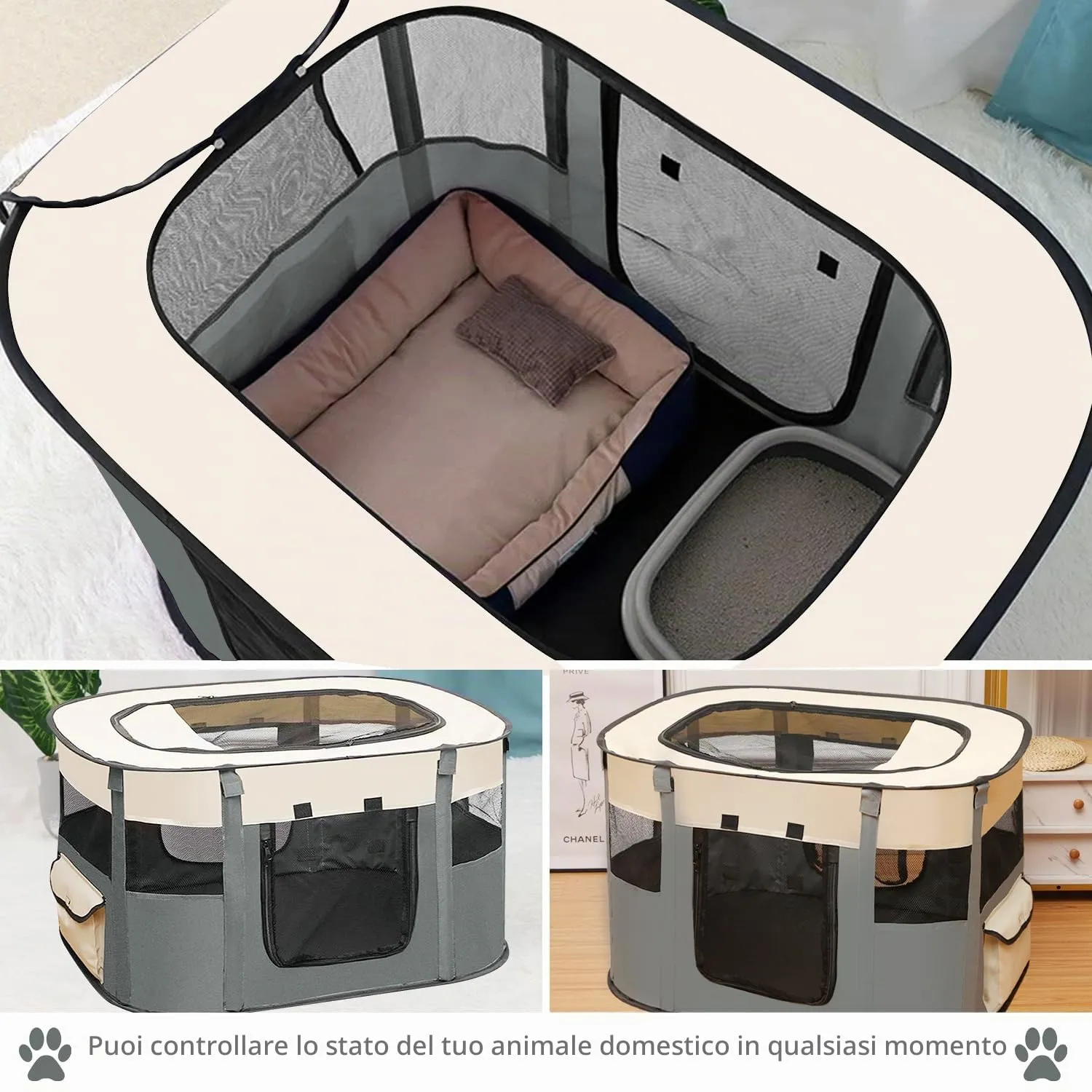 MeYuxg Recinto Pieghevole per Animali, Box per Cani e Gatti, Grigio, 70 x 55 x 40 cm - immagine 3
