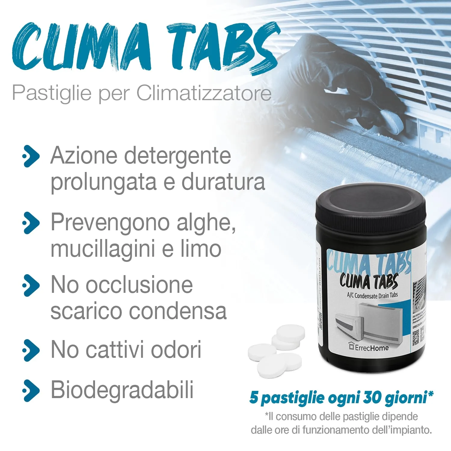 ErreHome Clima Tabs, Pastiglie per trattamento vaschetta raccolta condensa climatizzatore, 40 pastiglie da 8g - immagine 2