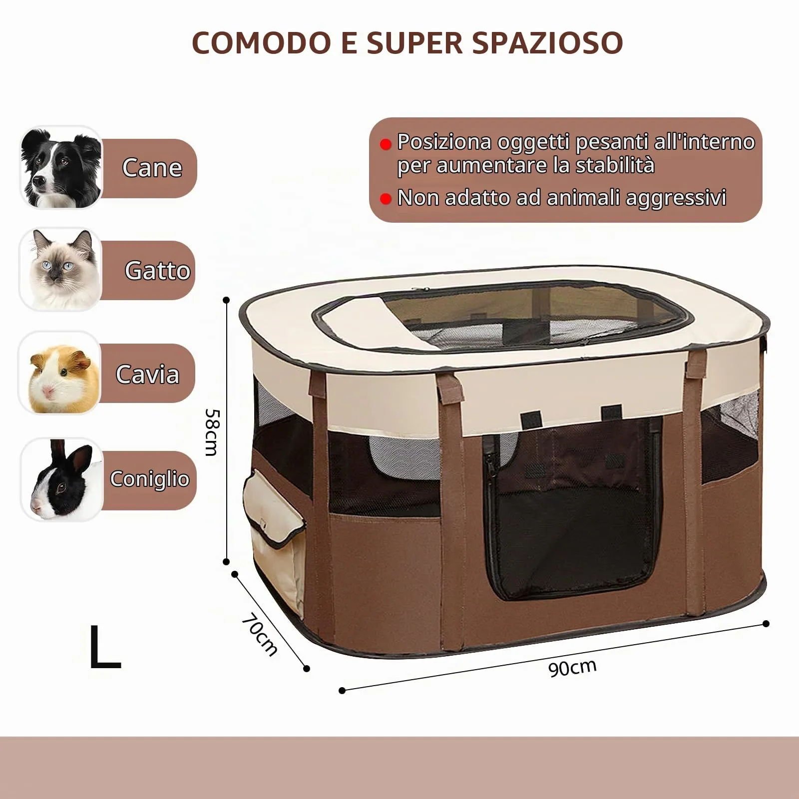 MeYuxg Recinto Pieghevole per Animali, Box Portatile per Cani, Gatti, Cuccioli e Conigli, Marrone, 90 x 70 x 58 cm - immagine 2