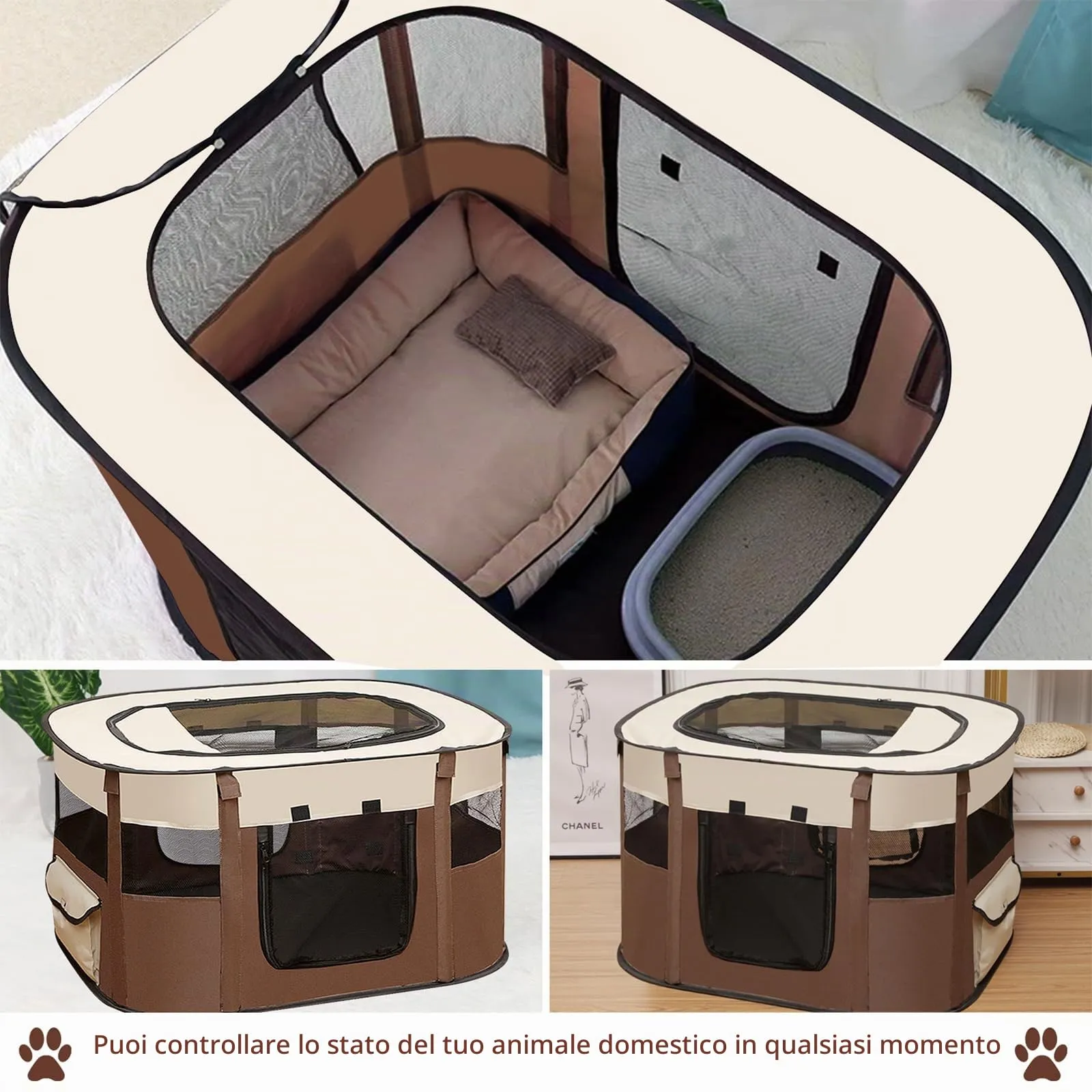 MeYuxg Recinto Pieghevole per Animali, Box Portatile per Cani, Gatti, Cuccioli e Conigli, Marrone, 90 x 70 x 58 cm - immagine 3