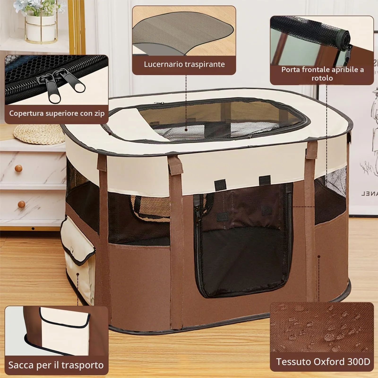 MeYuxg Recinto Pieghevole per Animali, Box Portatile per Cani, Gatti, Cuccioli e Conigli, Marrone, 90 x 70 x 58 cm - immagine 4
