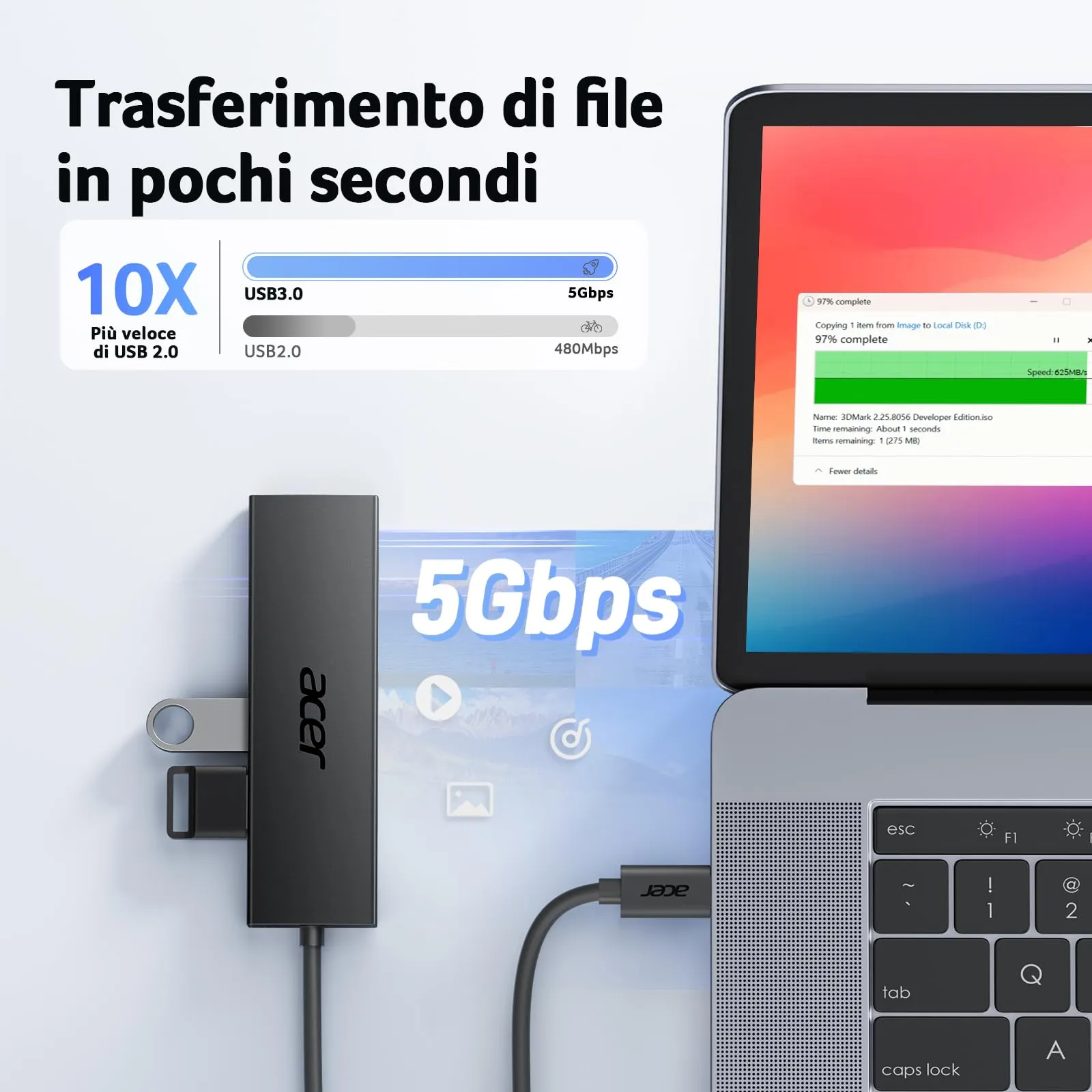Acer Hub USB-C 3.0, 4 Porte USB 5Gbps, Adattatore Multiporta Estensione (120cm) - immagine 3