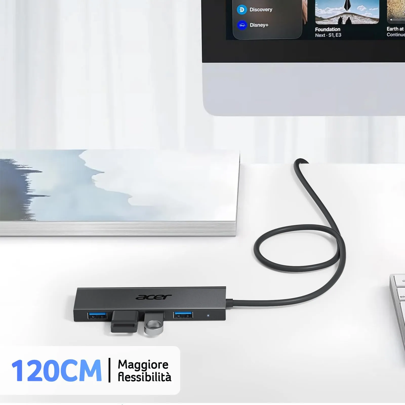 Acer Hub USB-C 3.0, 4 Porte USB 5Gbps, Adattatore Multiporta Estensione (120cm) - immagine 6