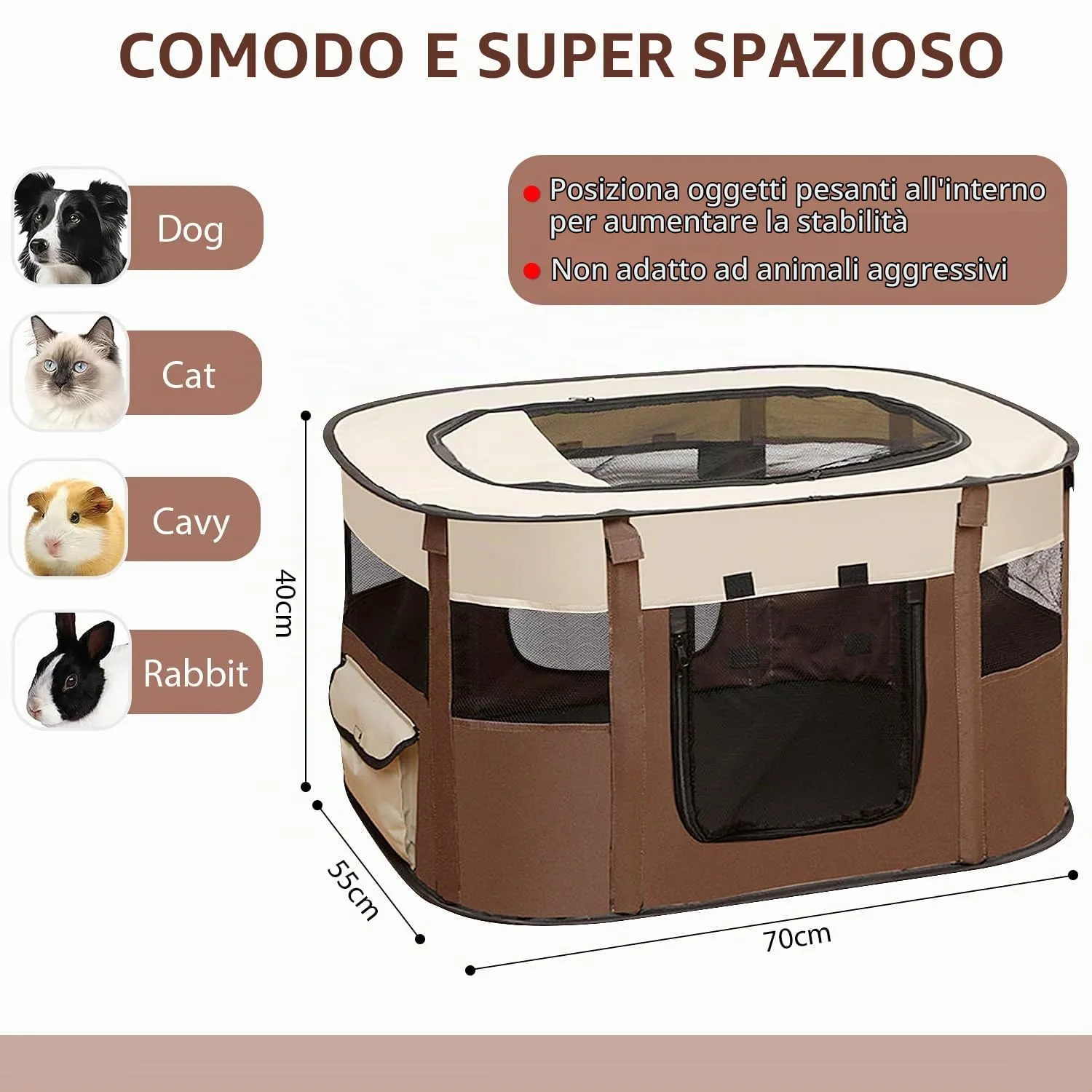 MeYuxg Recinto Pieghevole per Cani e Gatti, Marrone, 70 x 55 x 40 cm - immagine 2