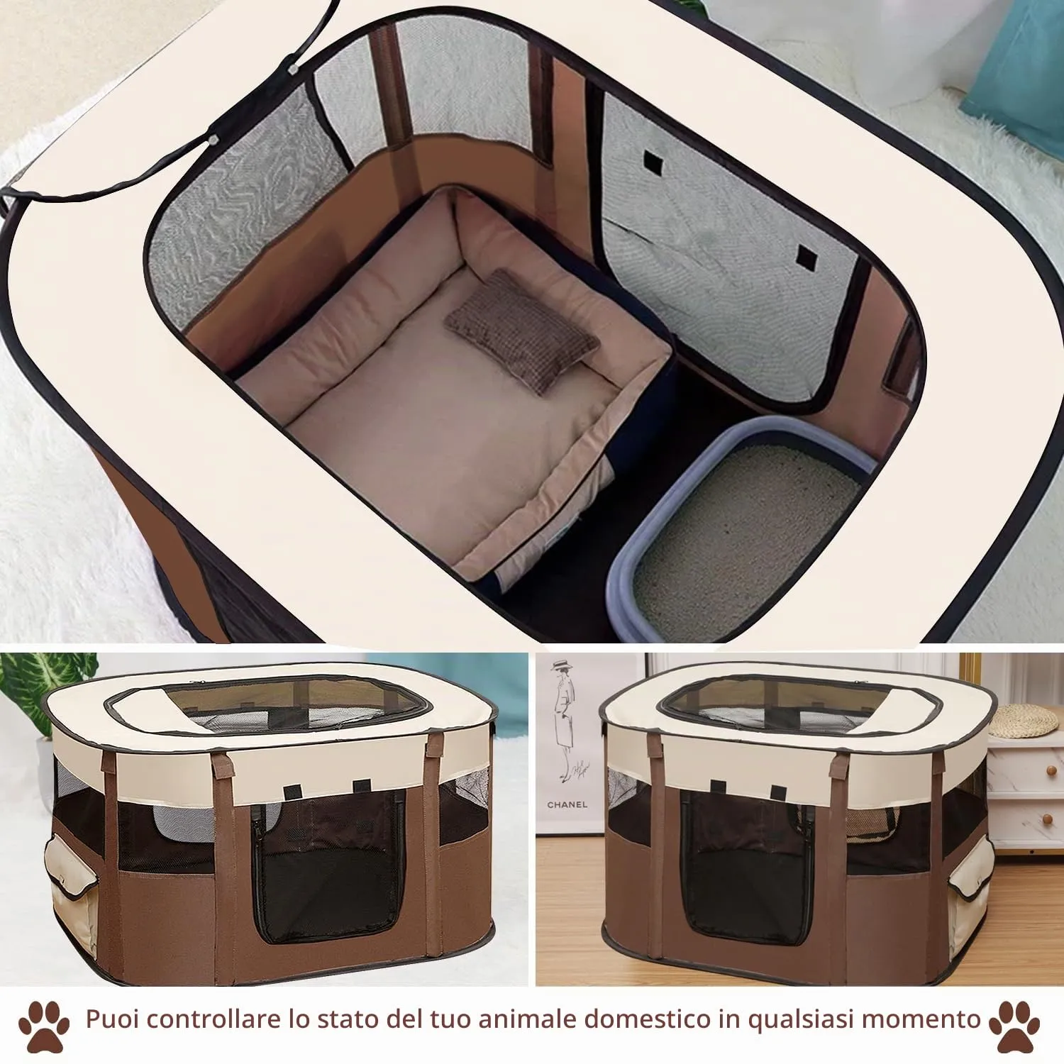 MeYuxg Recinto Pieghevole per Cani e Gatti, Marrone, 70 x 55 x 40 cm - immagine 3