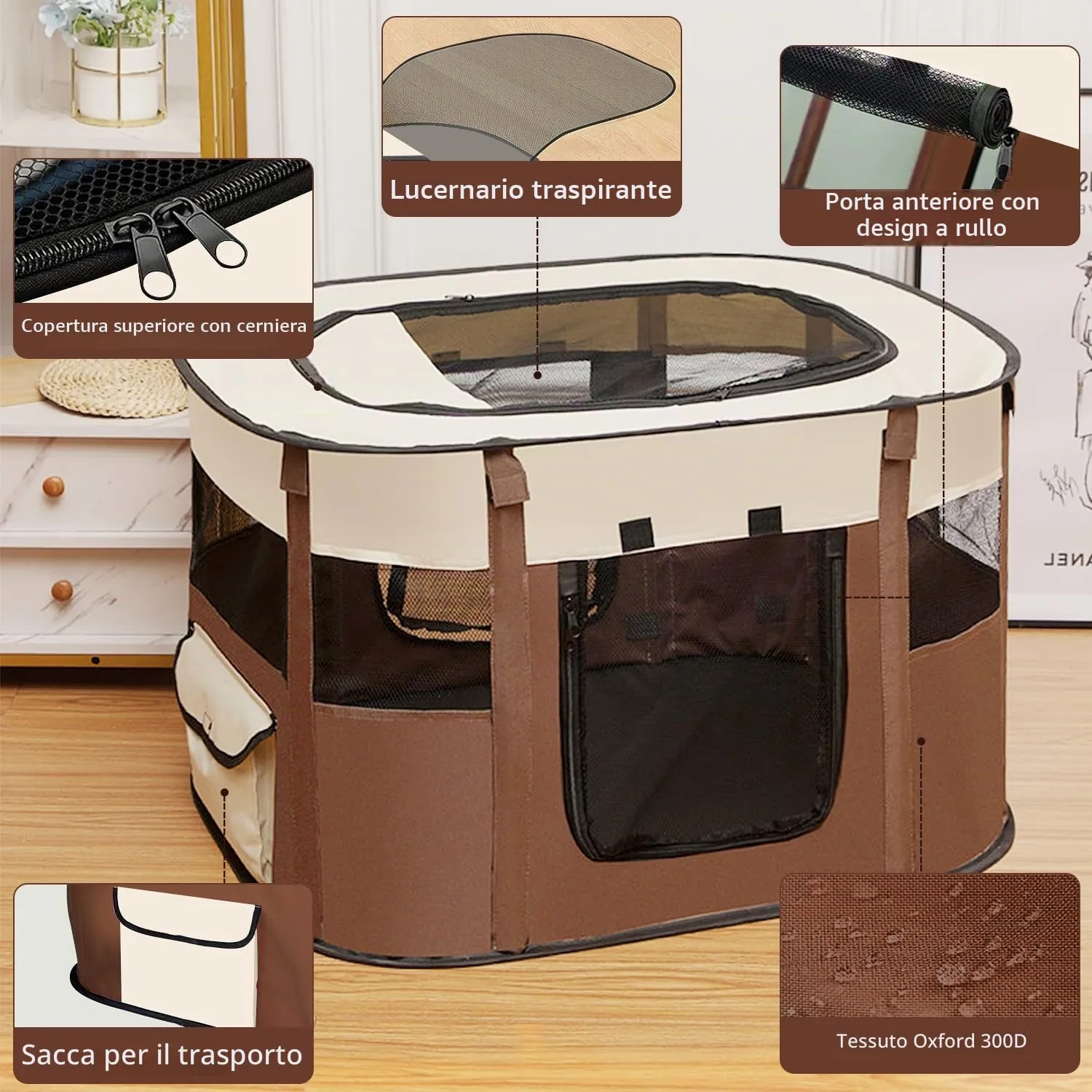 MeYuxg Recinto Pieghevole per Cani e Gatti, Marrone, 70 x 55 x 40 cm - immagine 4