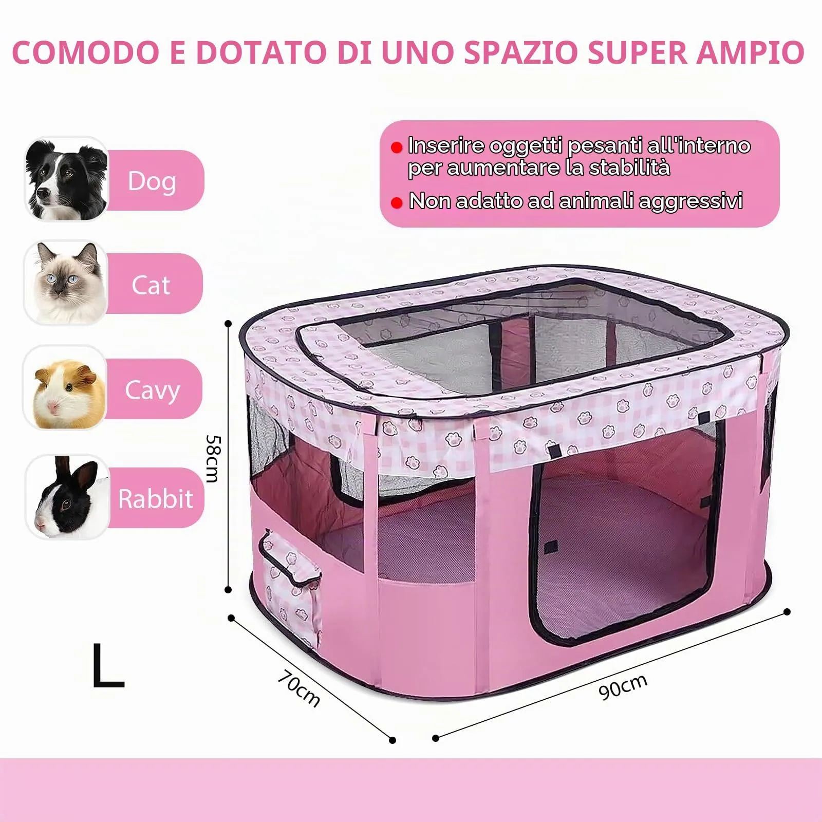 MeYuxg Recinto Pieghevole per Cani e Gatti, Rosa, 90 x 70 x 58 cm - immagine 2