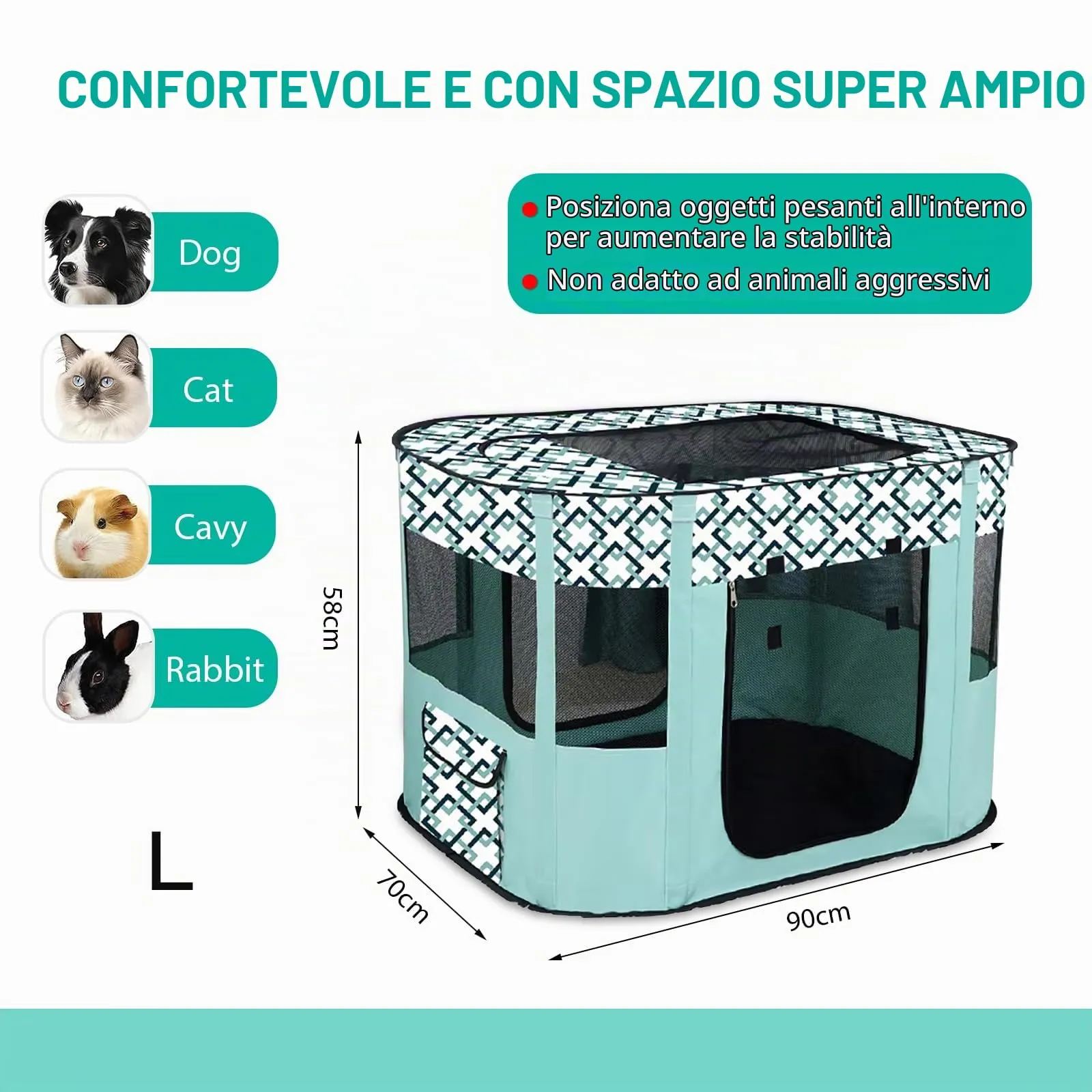 MeYuxg Recinto per Cani e Gatti Pieghevole, Verde a Scacchi, 90 x 70 x 58 cm - immagine 2