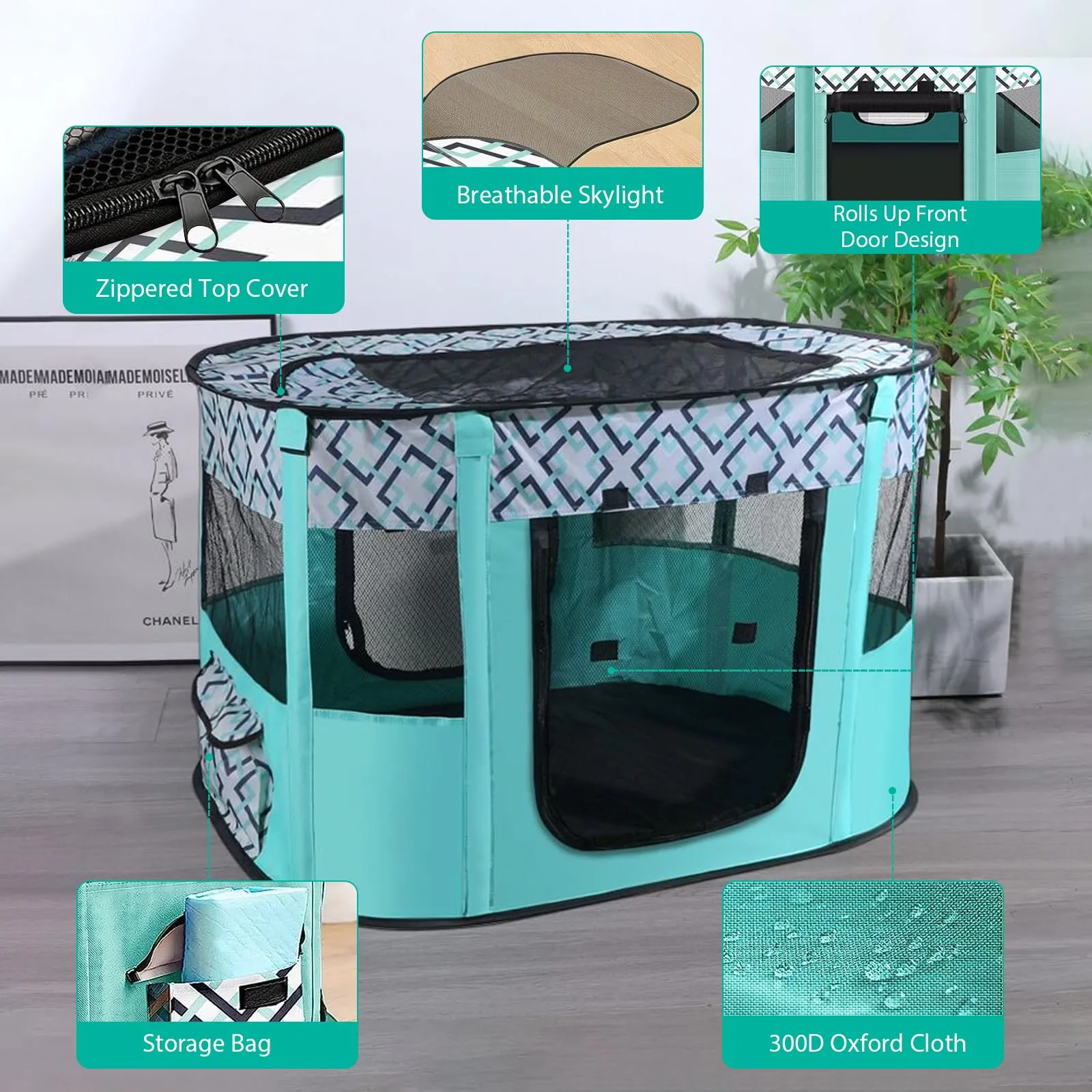 MeYuxg Recinto per Cani e Gatti Pieghevole, Verde a Scacchi, 90 x 70 x 58 cm - immagine 4