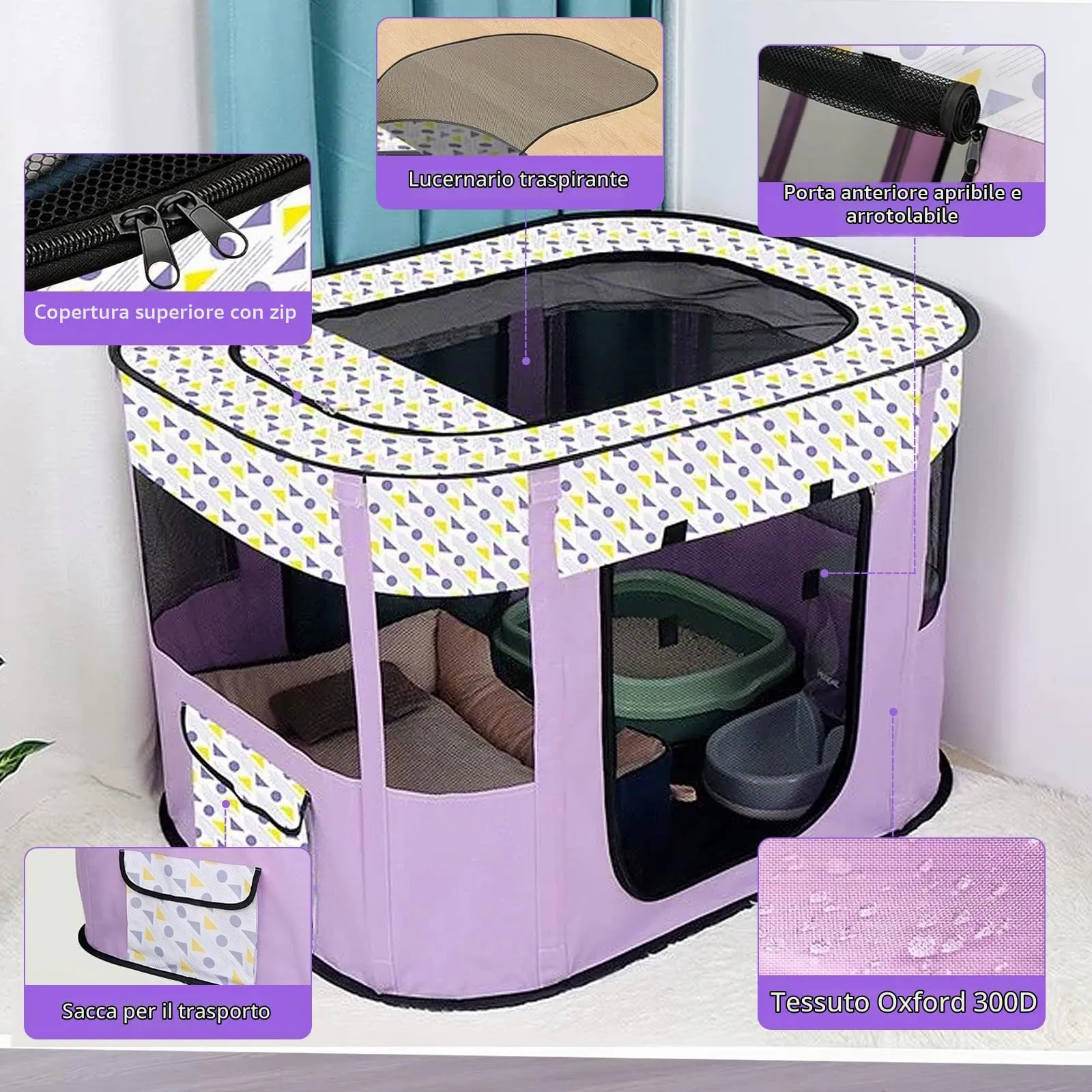 MeYuxg Recinto Pieghevole per Cani e Gatti, Viola, 90 x 70 x 58 cm - immagine 4