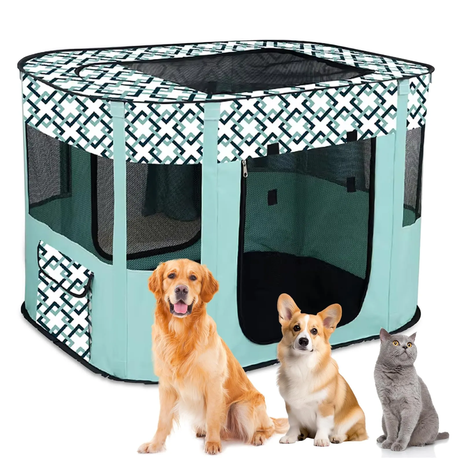 MeYuxg Recinto per Animali Pieghevole Verde a Scacchi, 110 x 85 x 58 cm - immagine 1