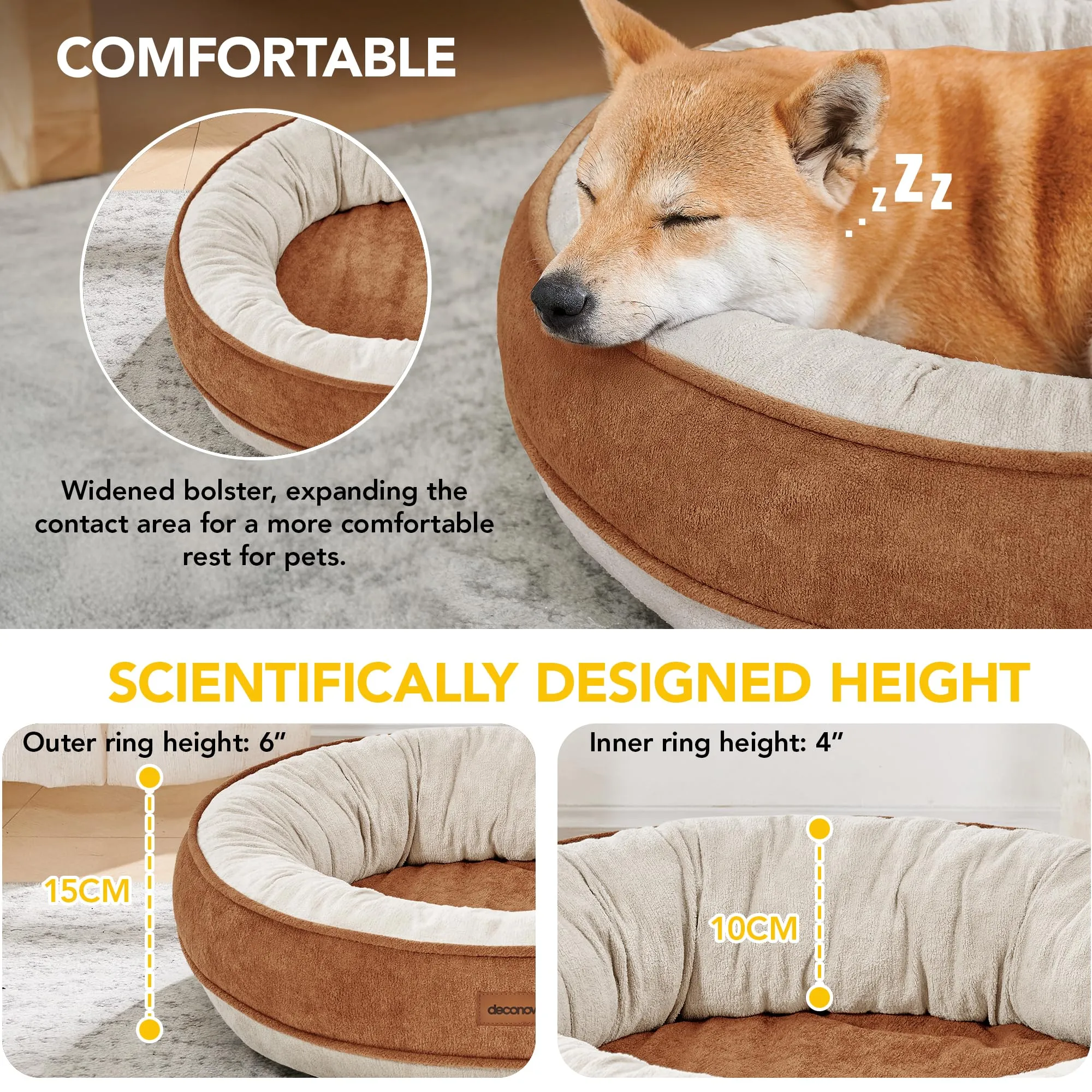 Deconovo Letto Ortopedico per Cani a Forma di Ciambella in Pile, 51x51x15cm, Caramello - immagine 2