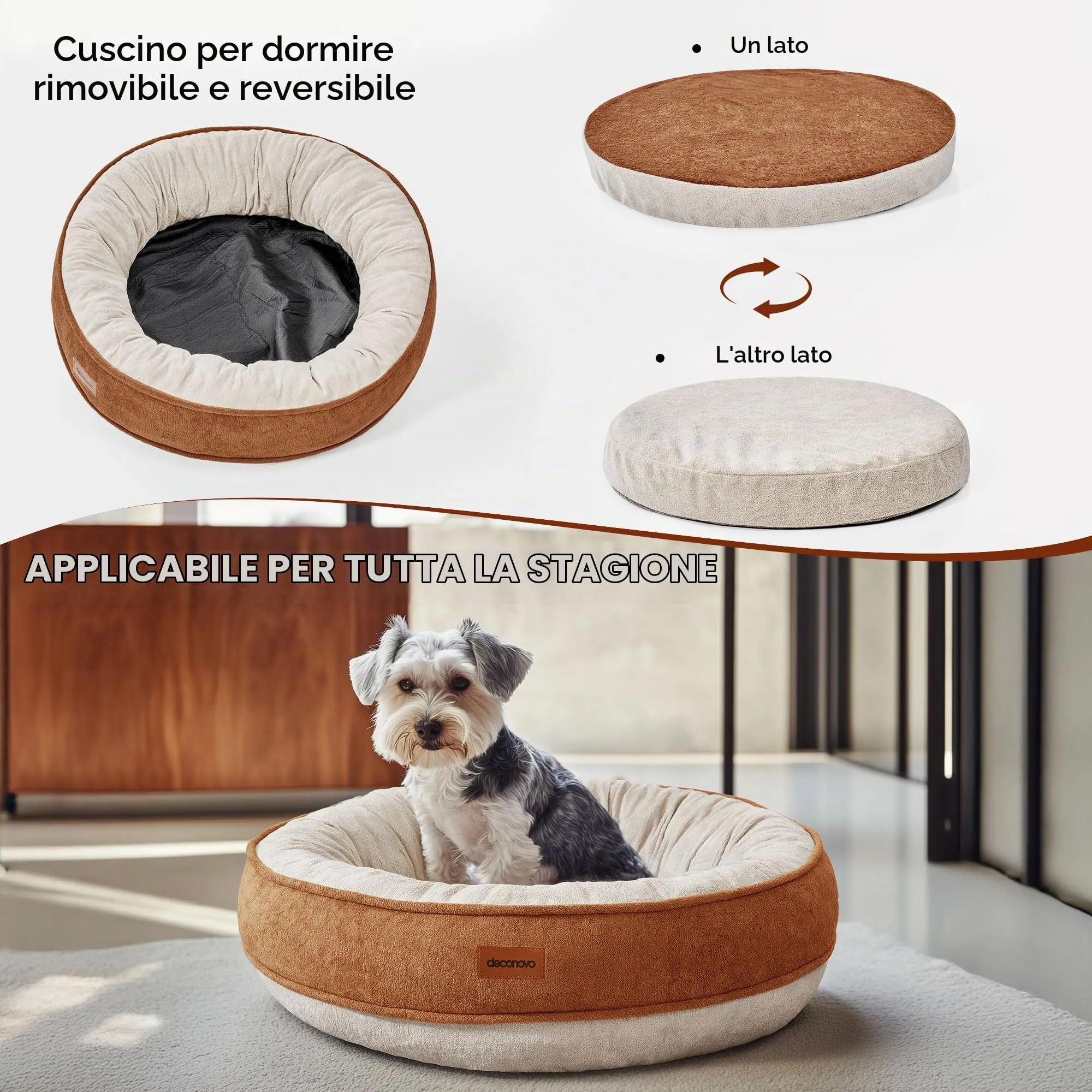 Deconovo Letto Ortopedico per Cani a Forma di Ciambella in Pile, 51x51x15cm, Caramello - immagine 4