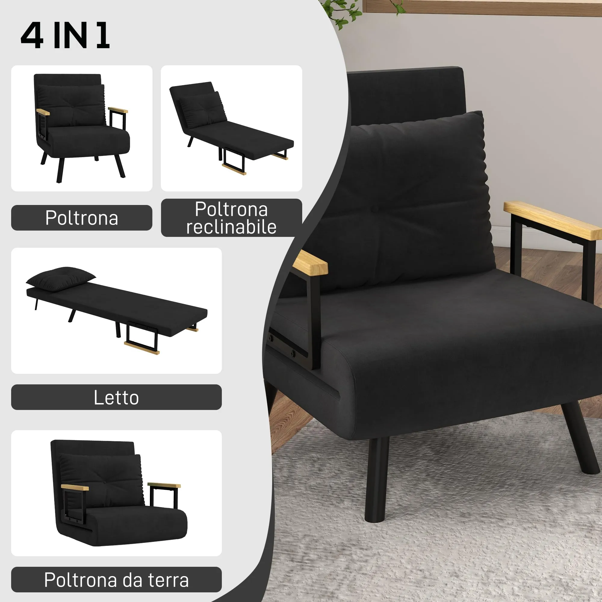 HOMCOM Poltrona Letto Singolo con Schienale Regolabile a 5 Livelli, Nero - immagine 3