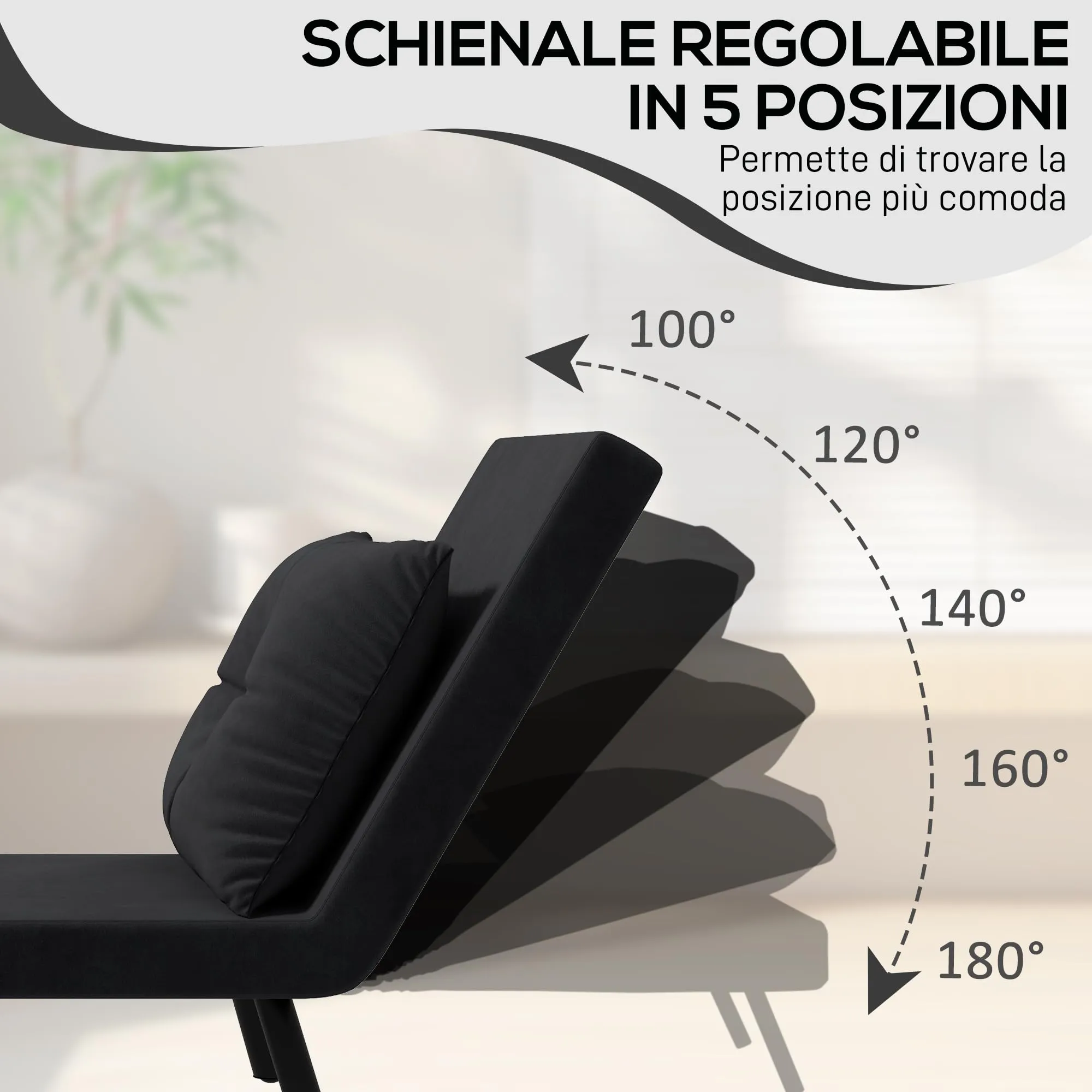 HOMCOM Poltrona Letto Singolo con Schienale Regolabile a 5 Livelli, Nero - immagine 4