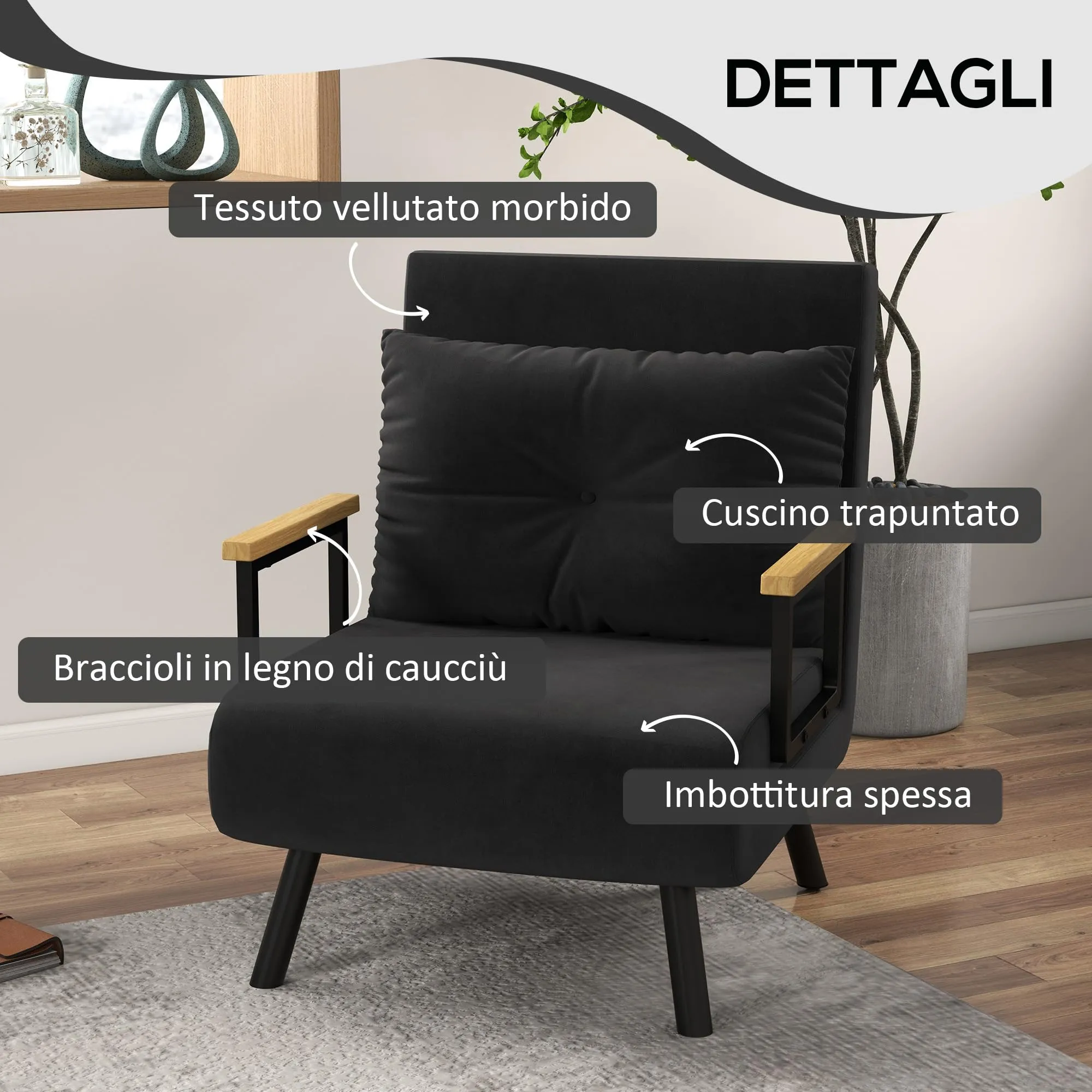 HOMCOM Poltrona Letto Singolo con Schienale Regolabile a 5 Livelli, Nero - immagine 5