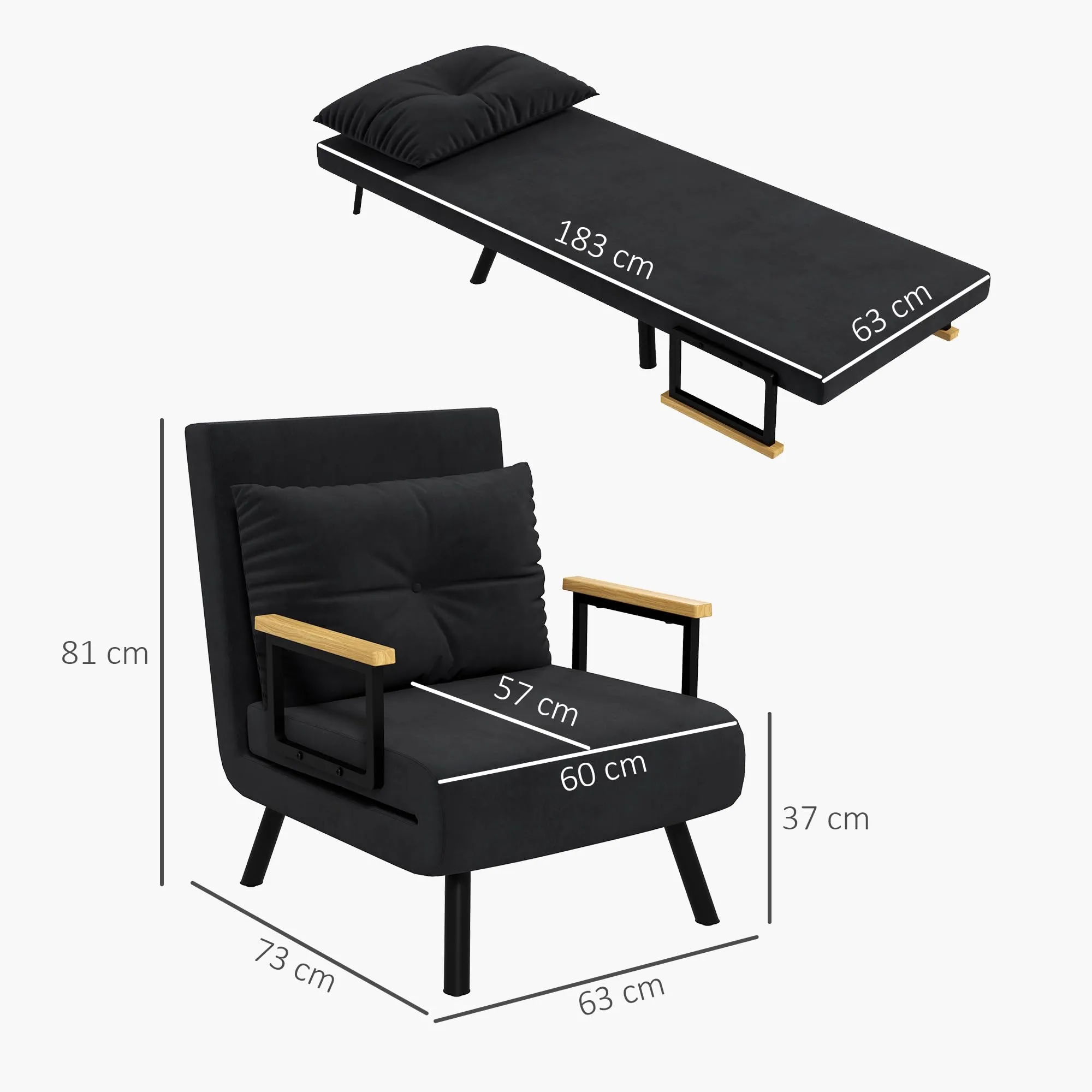 HOMCOM Poltrona Letto Singolo con Schienale Regolabile a 5 Livelli, Nero - immagine 7