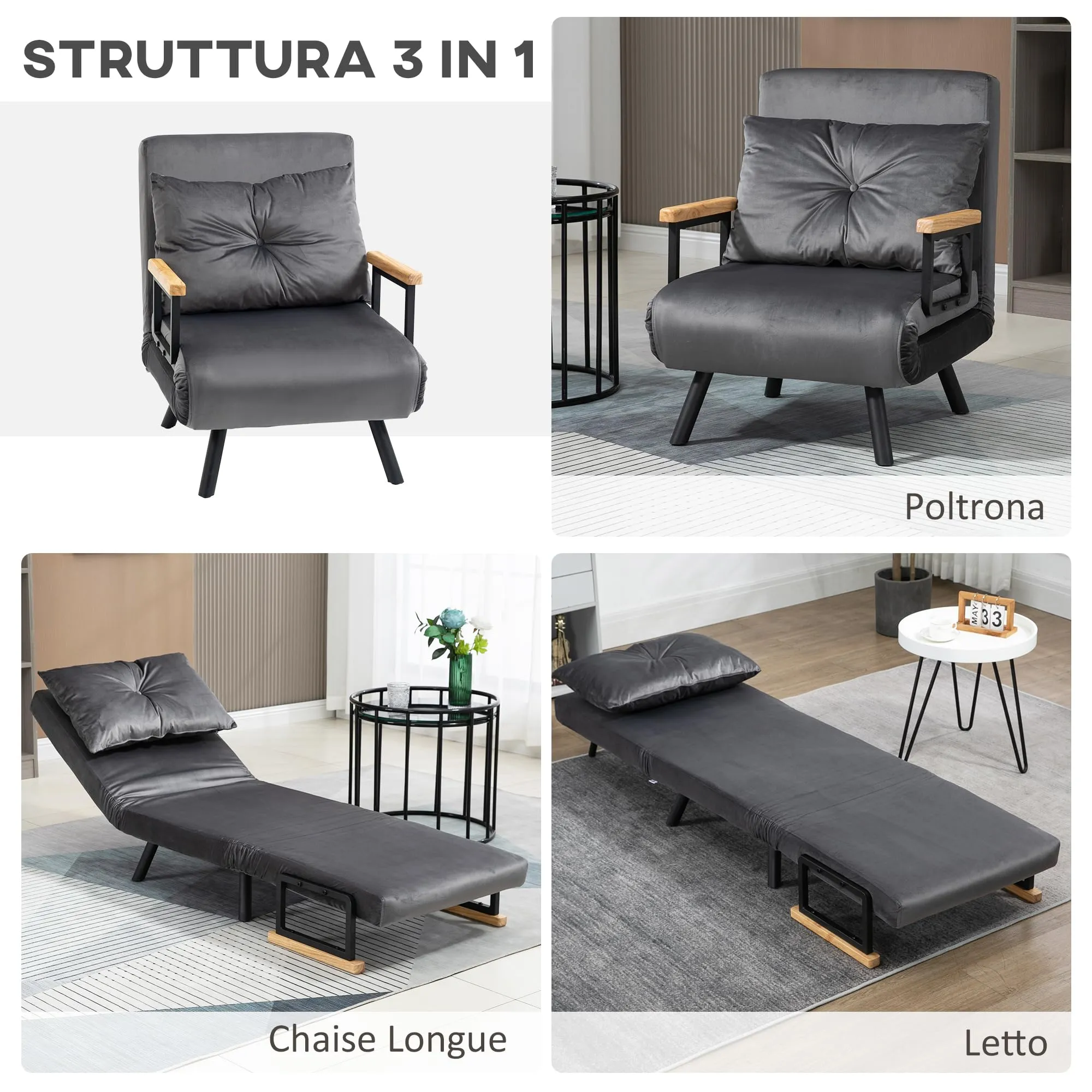 HOMCOM Poltrona Letto Singolo Schienale Regolabile 5 Livelli, Grigio Scuro - immagine 3