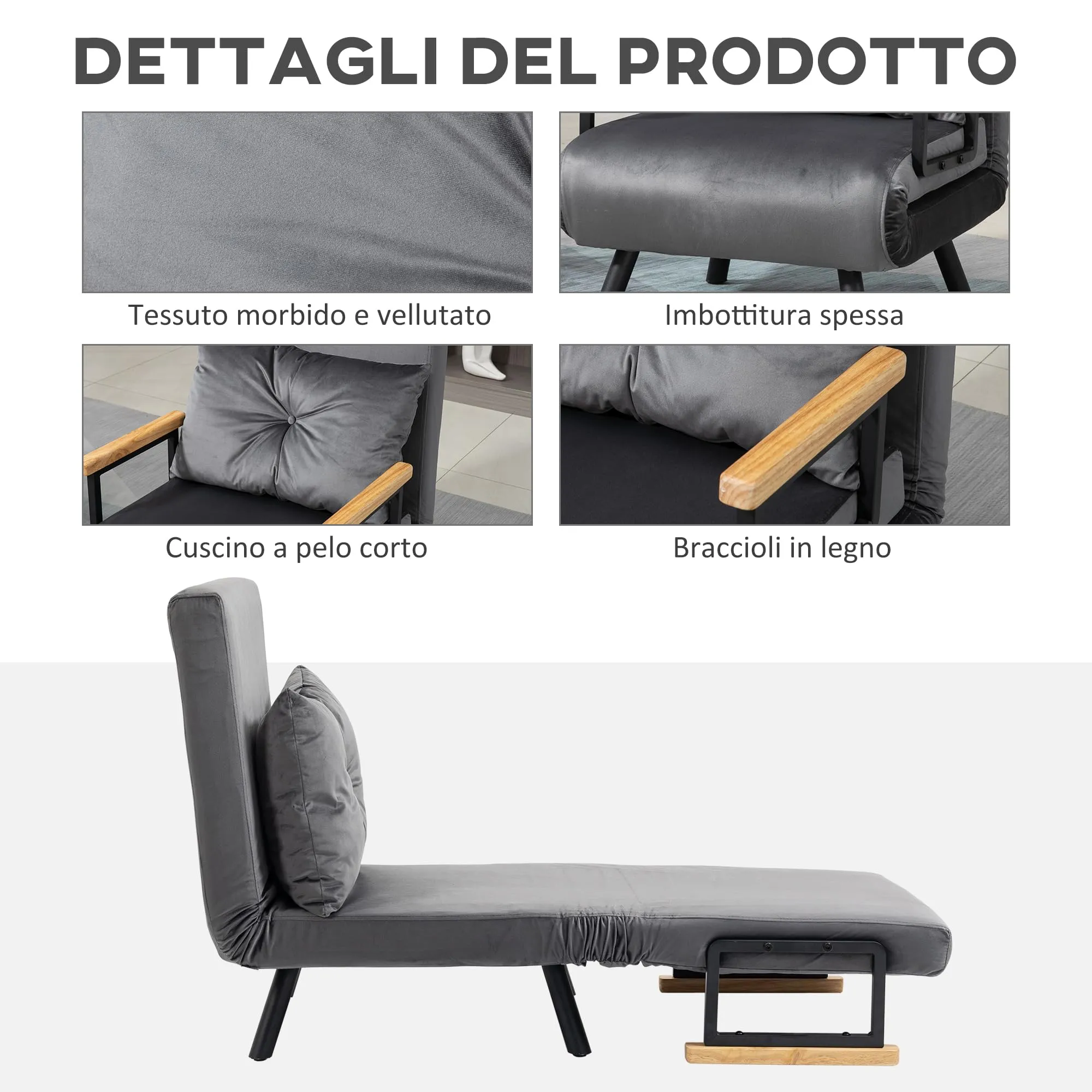HOMCOM Poltrona Letto Singolo Schienale Regolabile 5 Livelli, Grigio Scuro - immagine 5