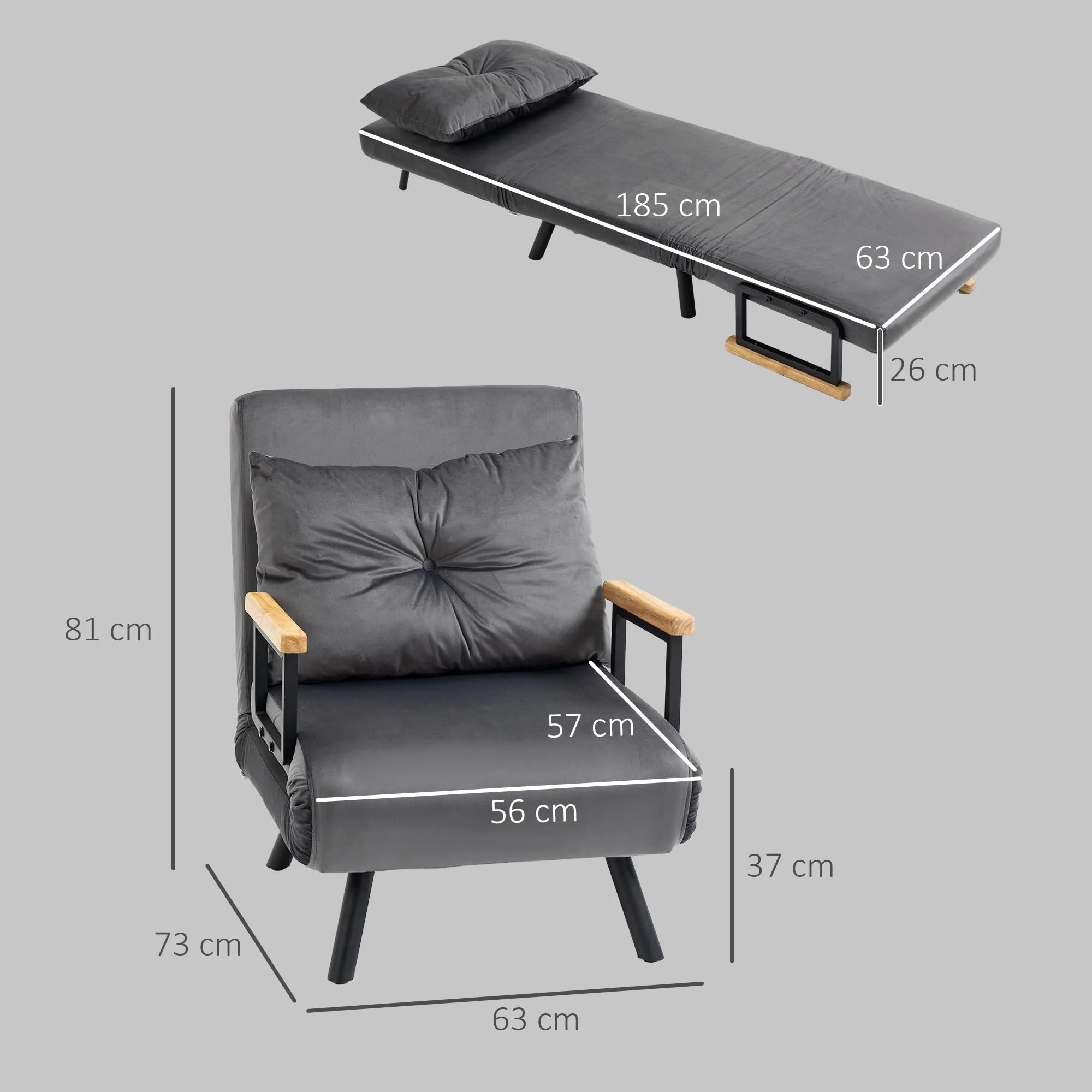 HOMCOM Poltrona Letto Singolo Schienale Regolabile 5 Livelli, Grigio Scuro - immagine 6