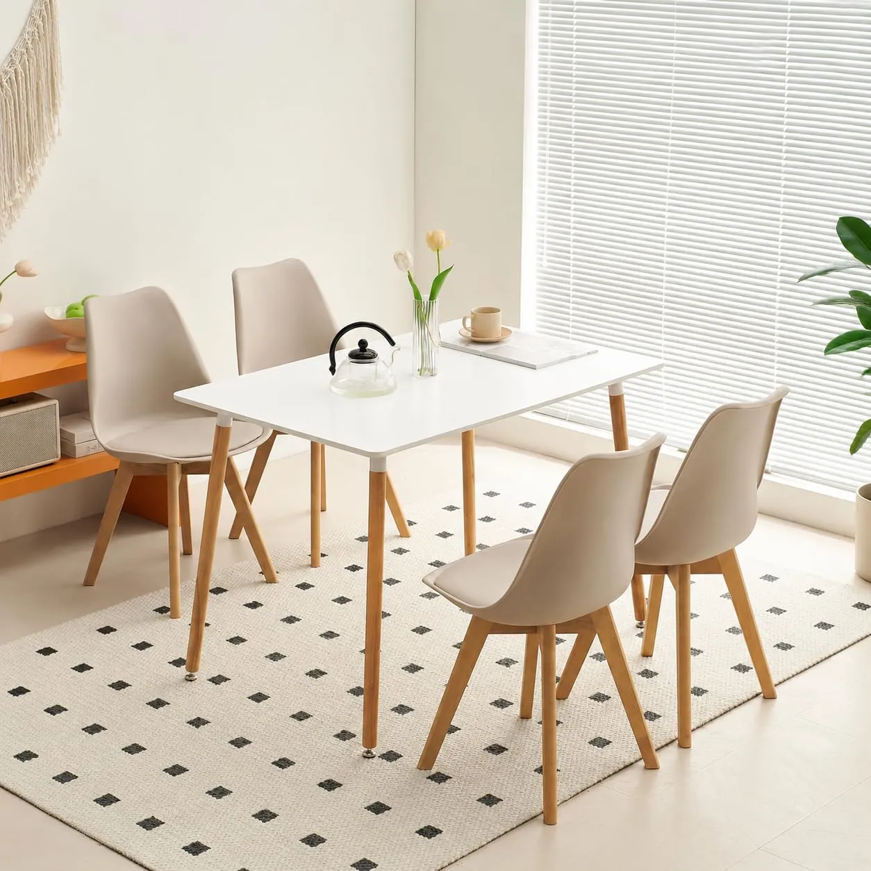 EGGREE Set di 4 Sedie da Pranzo e Cucina in Pelle PU e Legno di Faggio, Kaki Chiaro - immagine 5