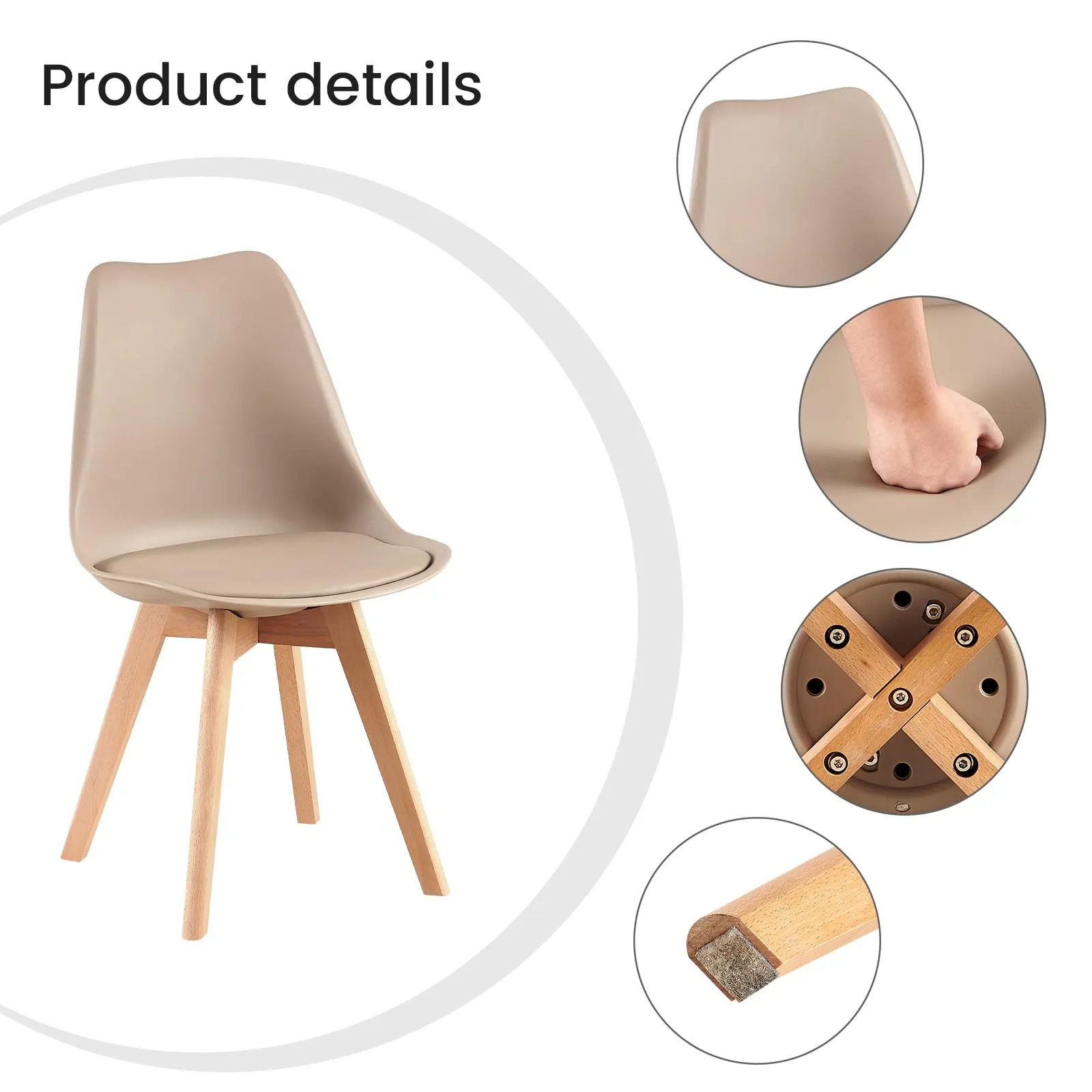 EGGREE Set di 4 Sedie da Pranzo e Cucina in Pelle PU e Legno di Faggio, Kaki Chiaro - immagine 6
