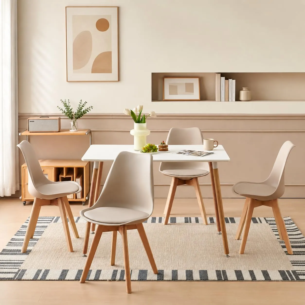 EGGREE Set di 6 Sedie da Pranzo e Cucina in Pelle PU e Legno di Faggio, Kaki Chiaro - immagine 3