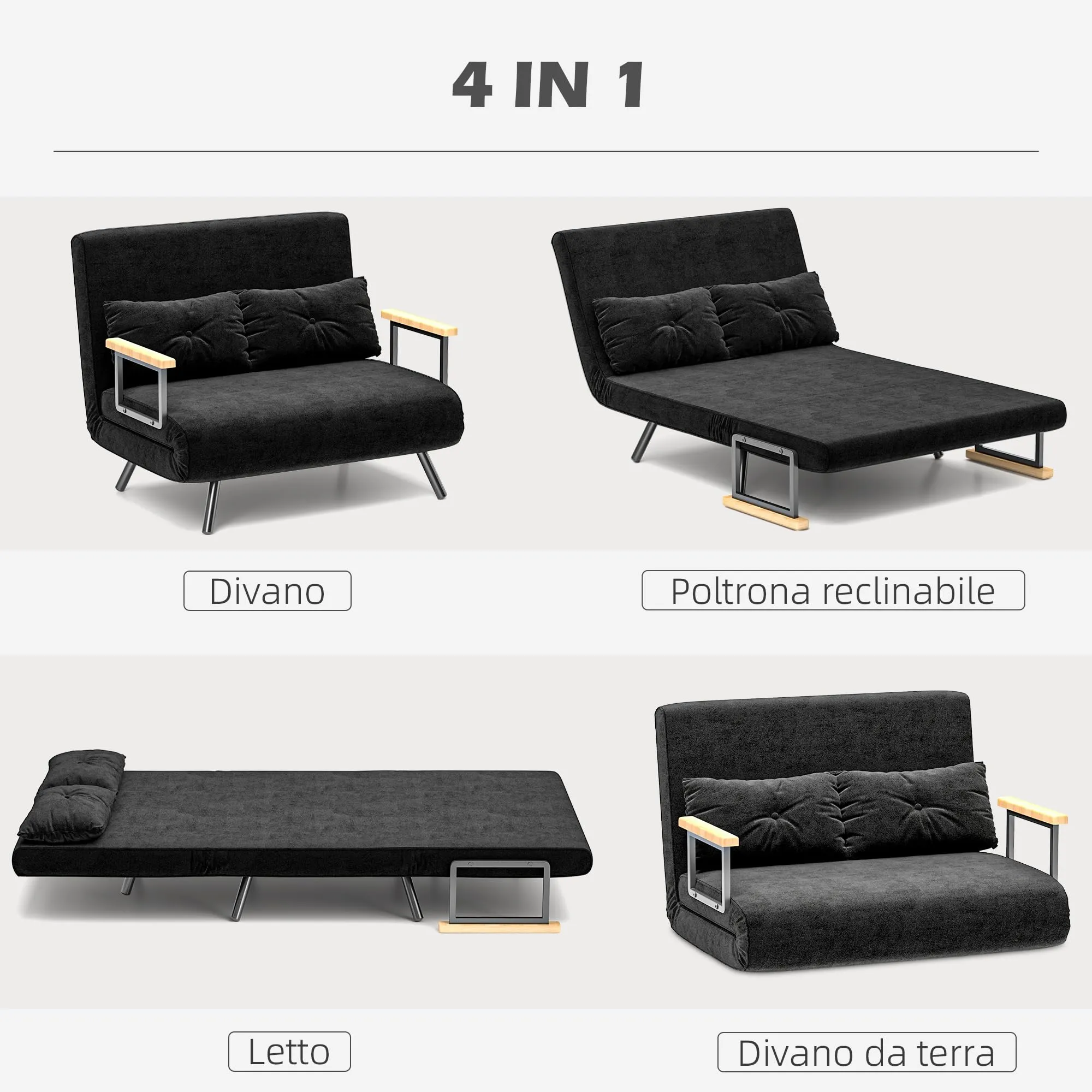 HOMCOM Divano Letto 2 Posti Schienale Regolabile 5 Livelli Nero - immagine 3