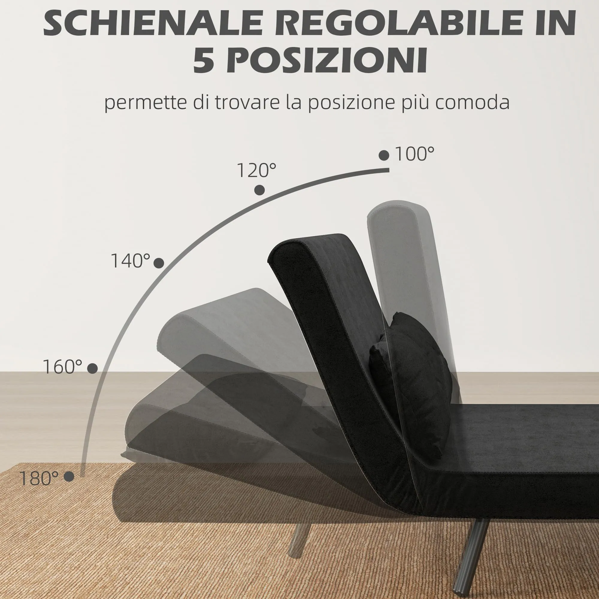 HOMCOM Divano Letto 2 Posti Schienale Regolabile 5 Livelli Nero - immagine 4