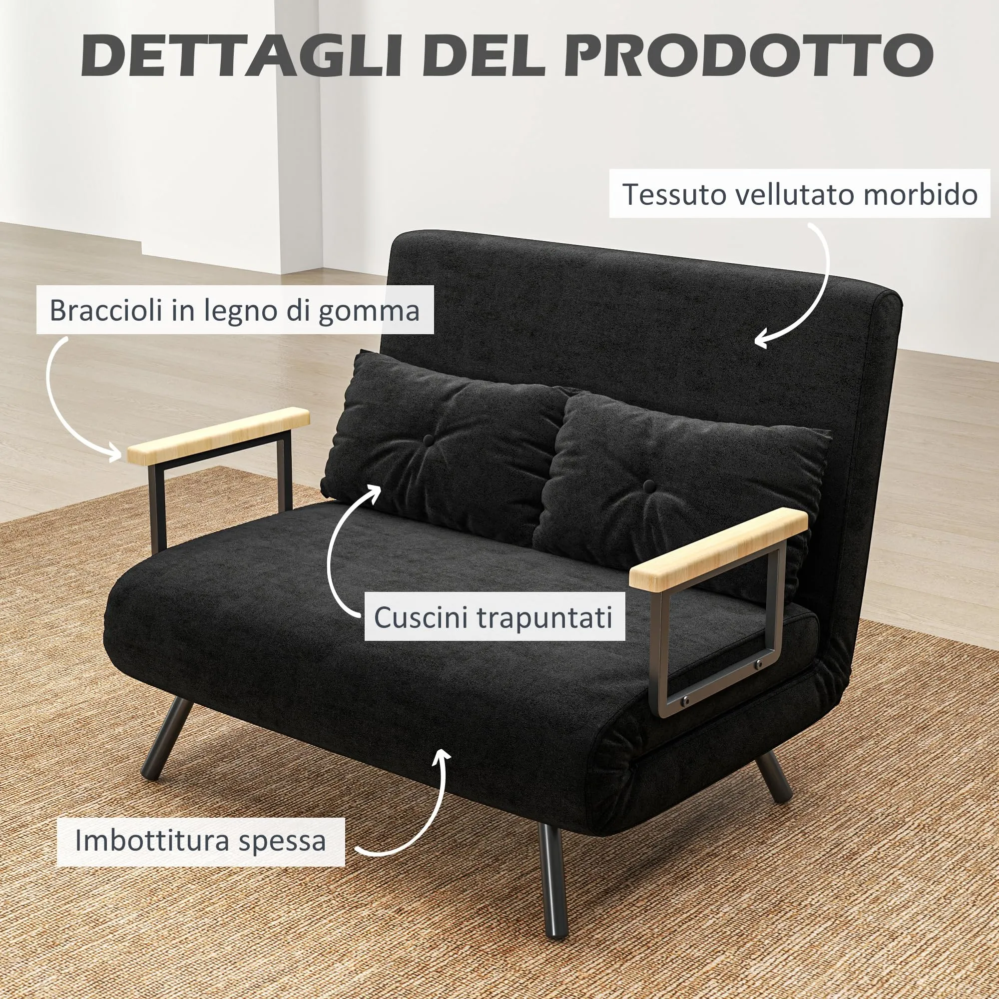 HOMCOM Divano Letto 2 Posti Schienale Regolabile 5 Livelli Nero - immagine 5