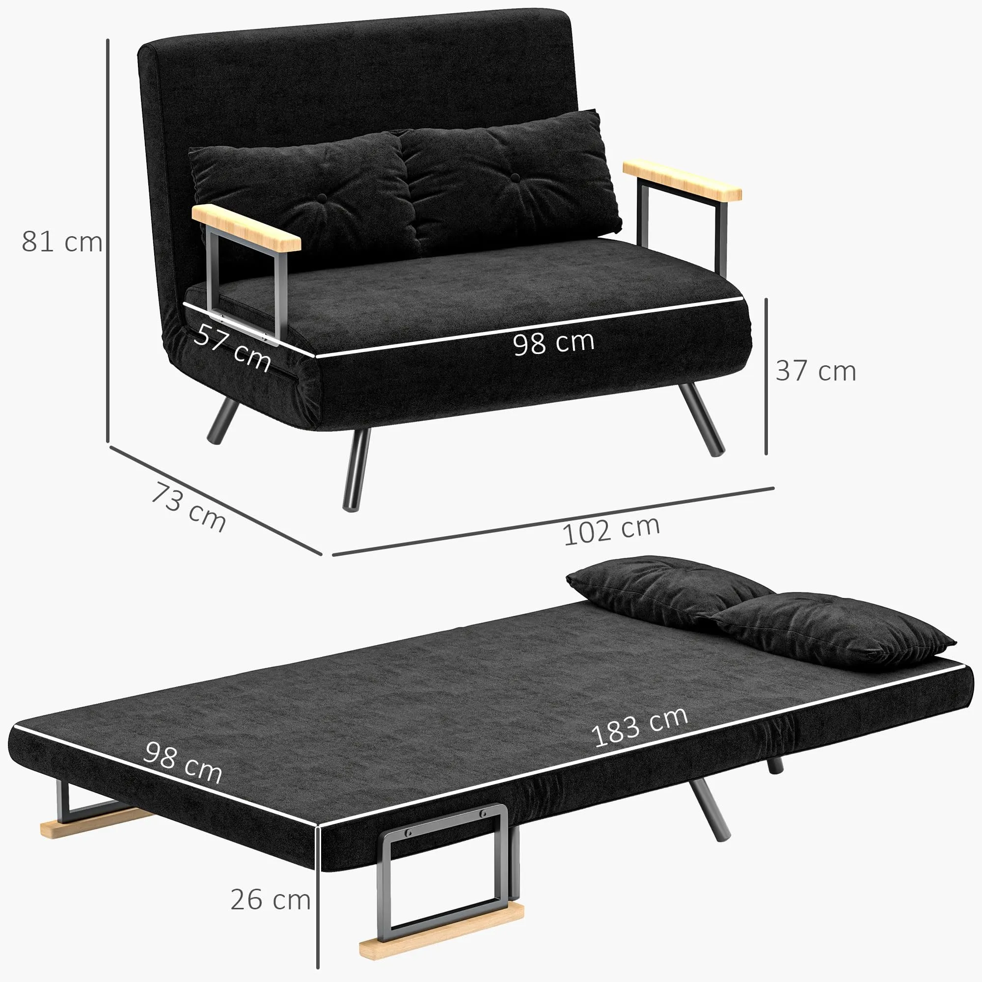 HOMCOM Divano Letto 2 Posti Schienale Regolabile 5 Livelli Nero - immagine 7