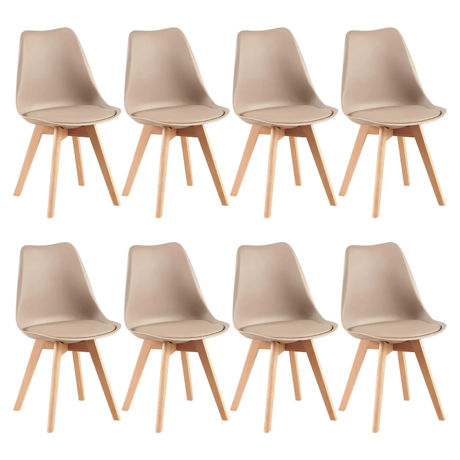 EGGREE Set di 8 Sedie da Pranzo e Cucina in Pelle PU con Gambe in Legno, Kaki Chiaro - immagine 1