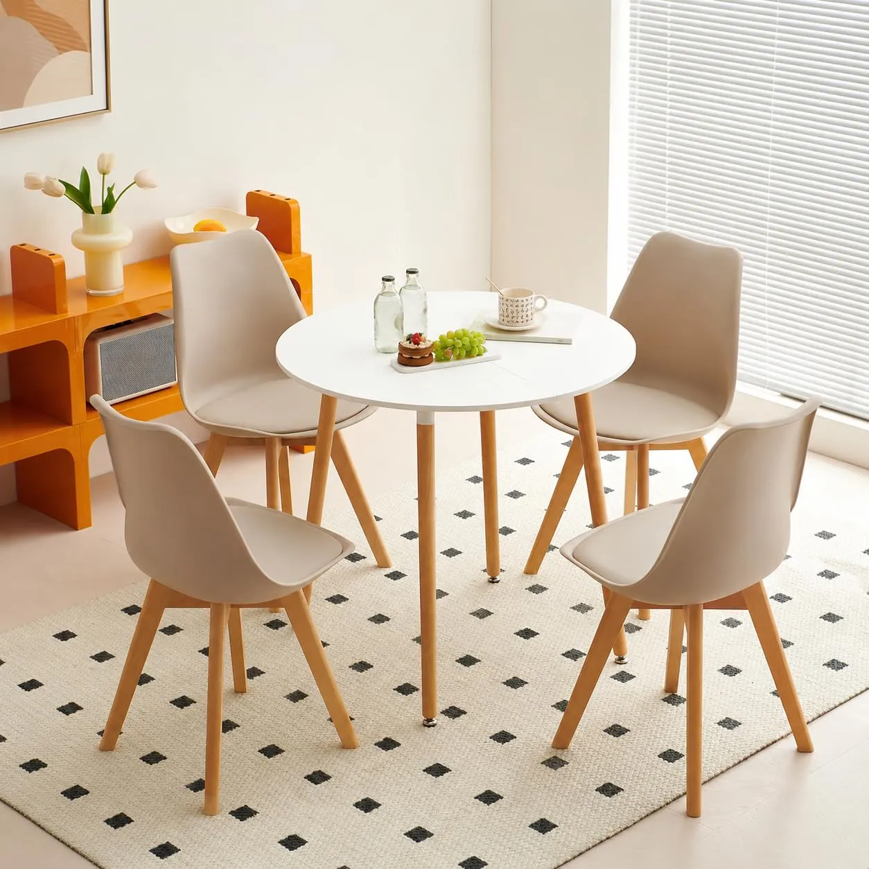 EGGREE Set di 8 Sedie da Pranzo e Cucina in Pelle PU con Gambe in Legno, Kaki Chiaro - immagine 3